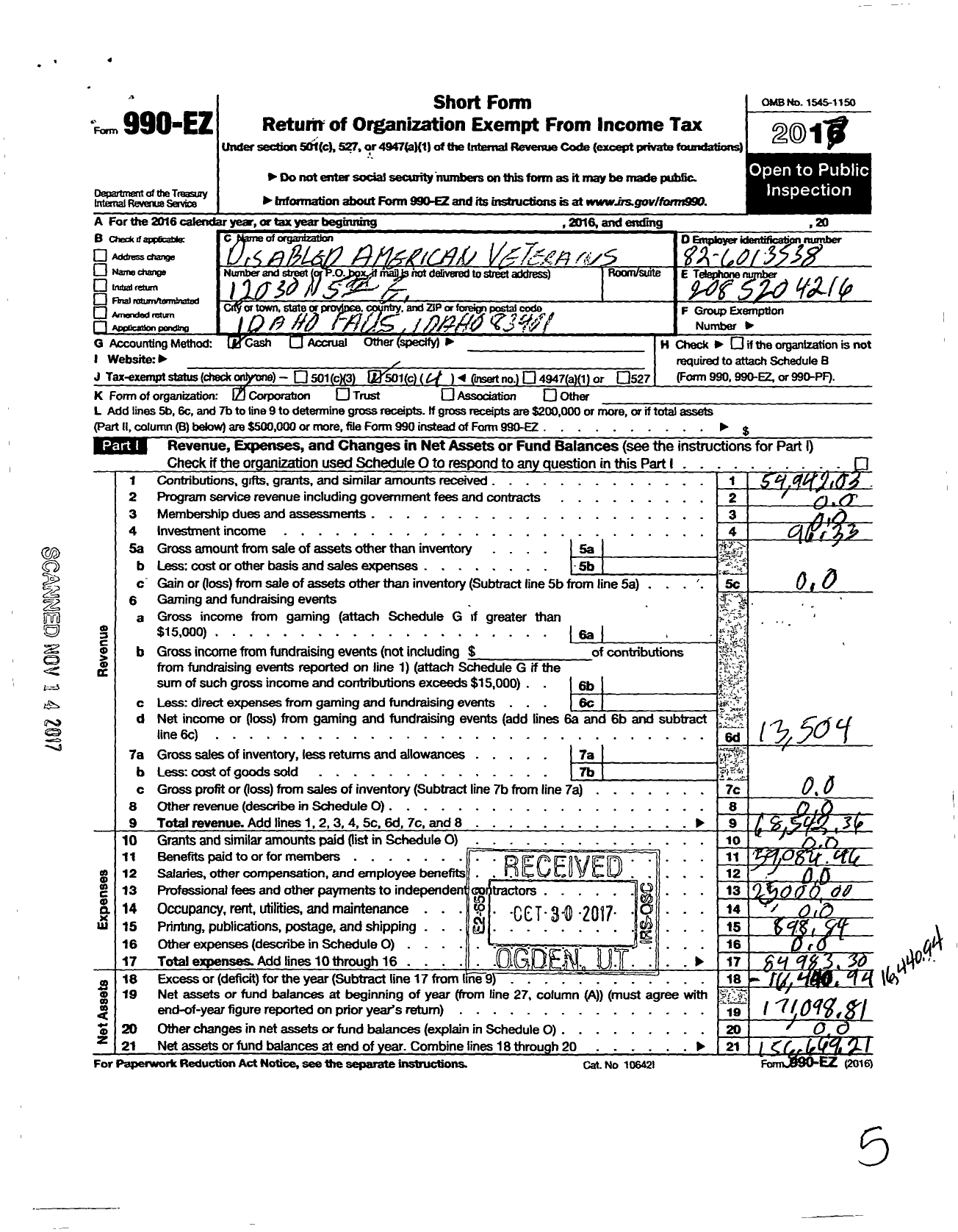 Image of first page of 2017 Form 990EO for Disabled American Veterans - Dept of Idaho