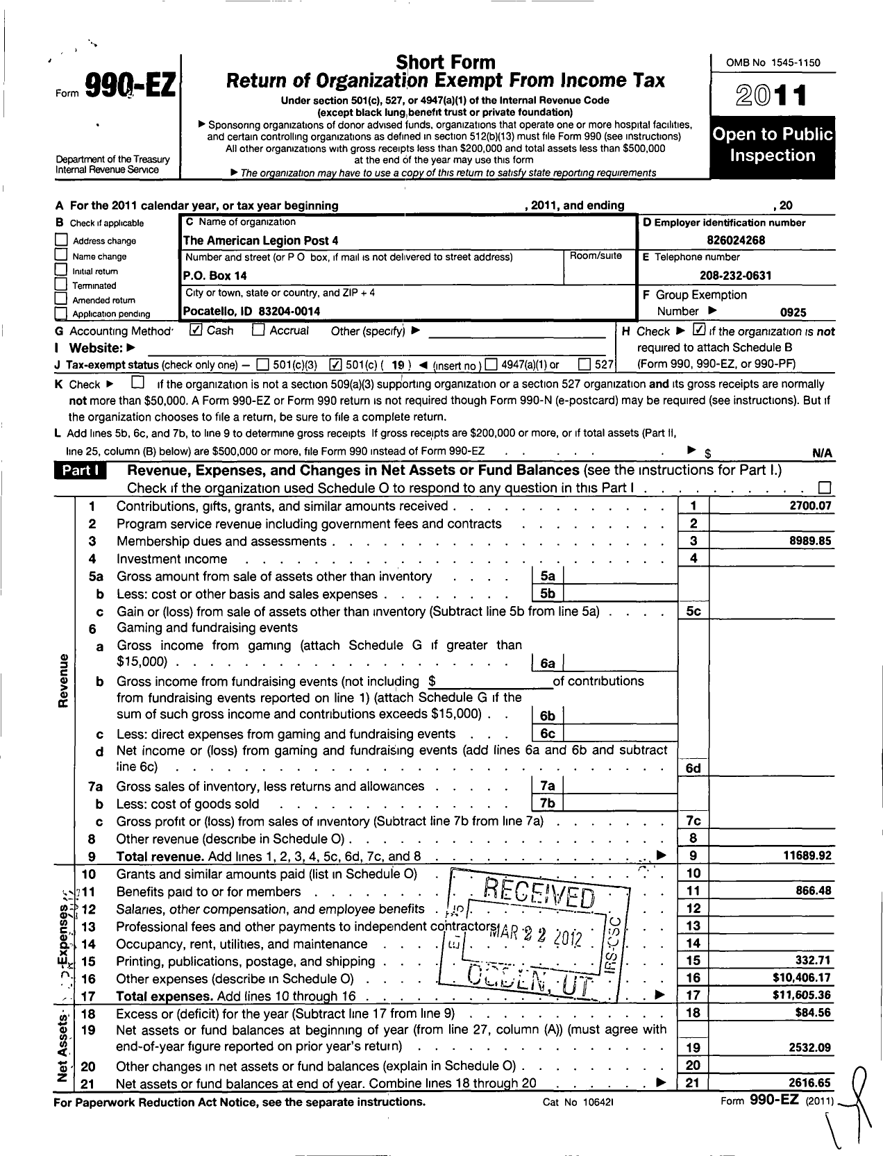 Image of first page of 2011 Form 990EO for American Legion - 0004 Pocatello