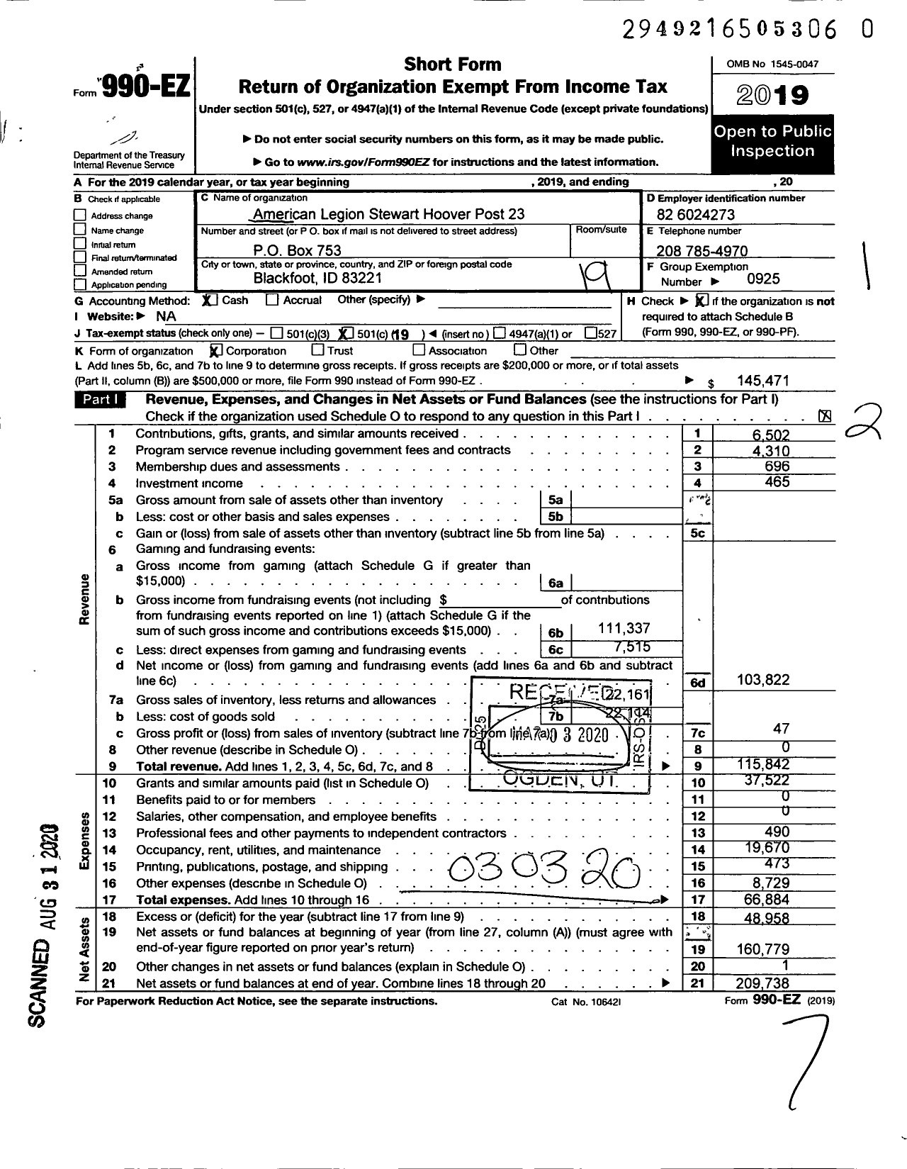 Image of first page of 2019 Form 990EO for American Legion - 0023 Stewart Hoover