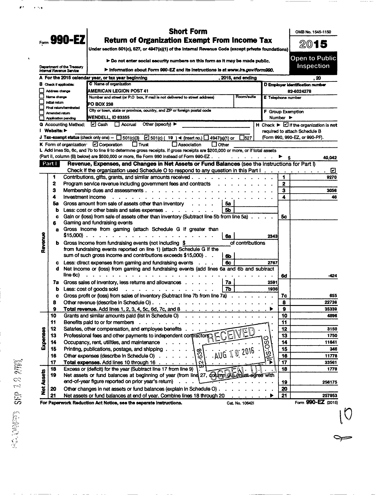 Image of first page of 2015 Form 990EO for American Legion - 41 Wendell Post