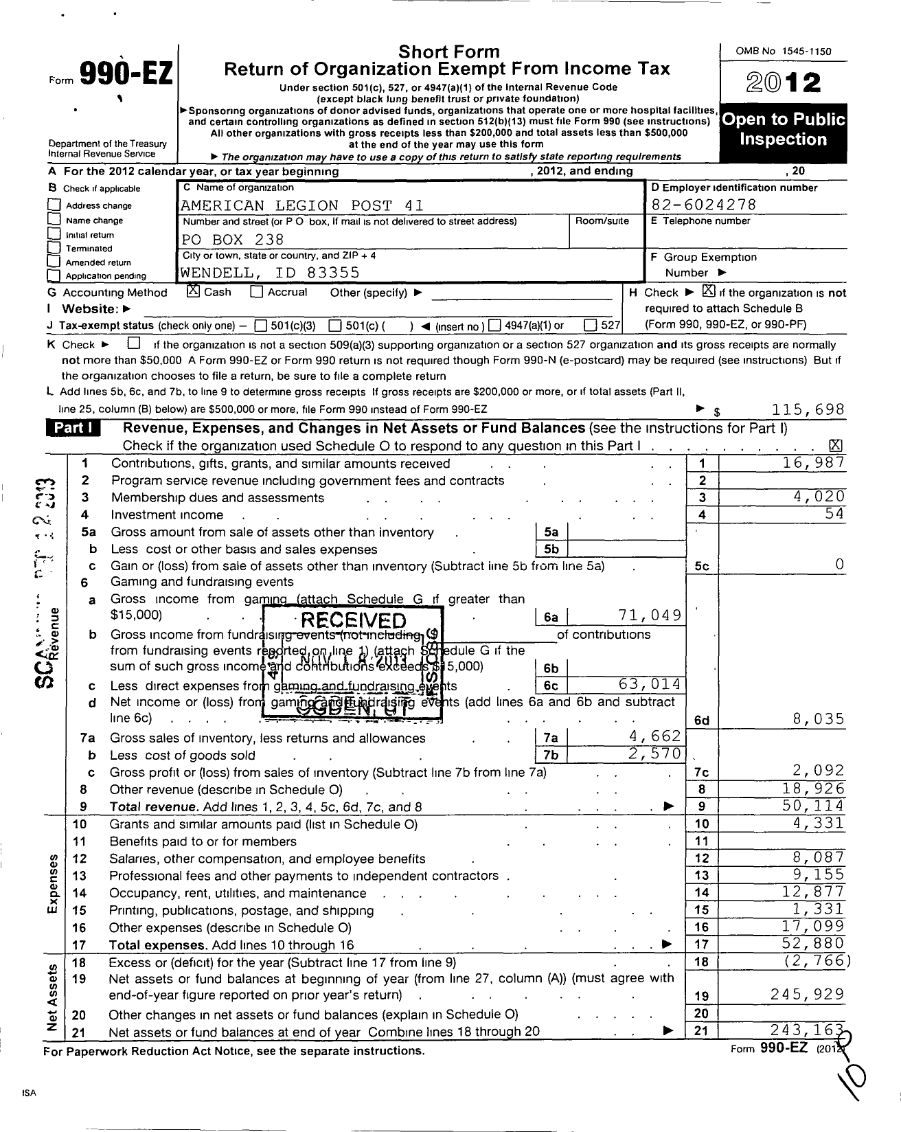 Image of first page of 2012 Form 990EO for American Legion - 41 Wendell Post