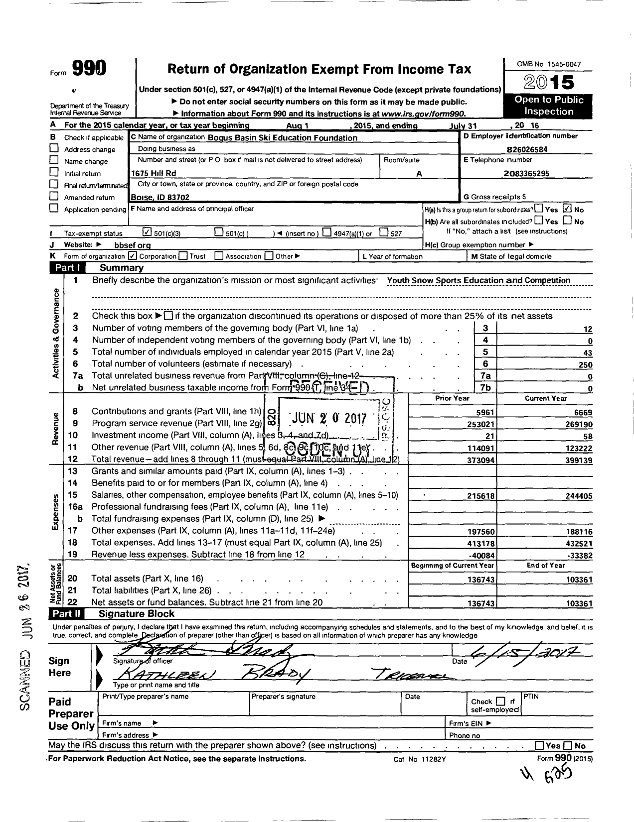 Image of first page of 2015 Form 990 for Bogus Basin Ski Education Foundation