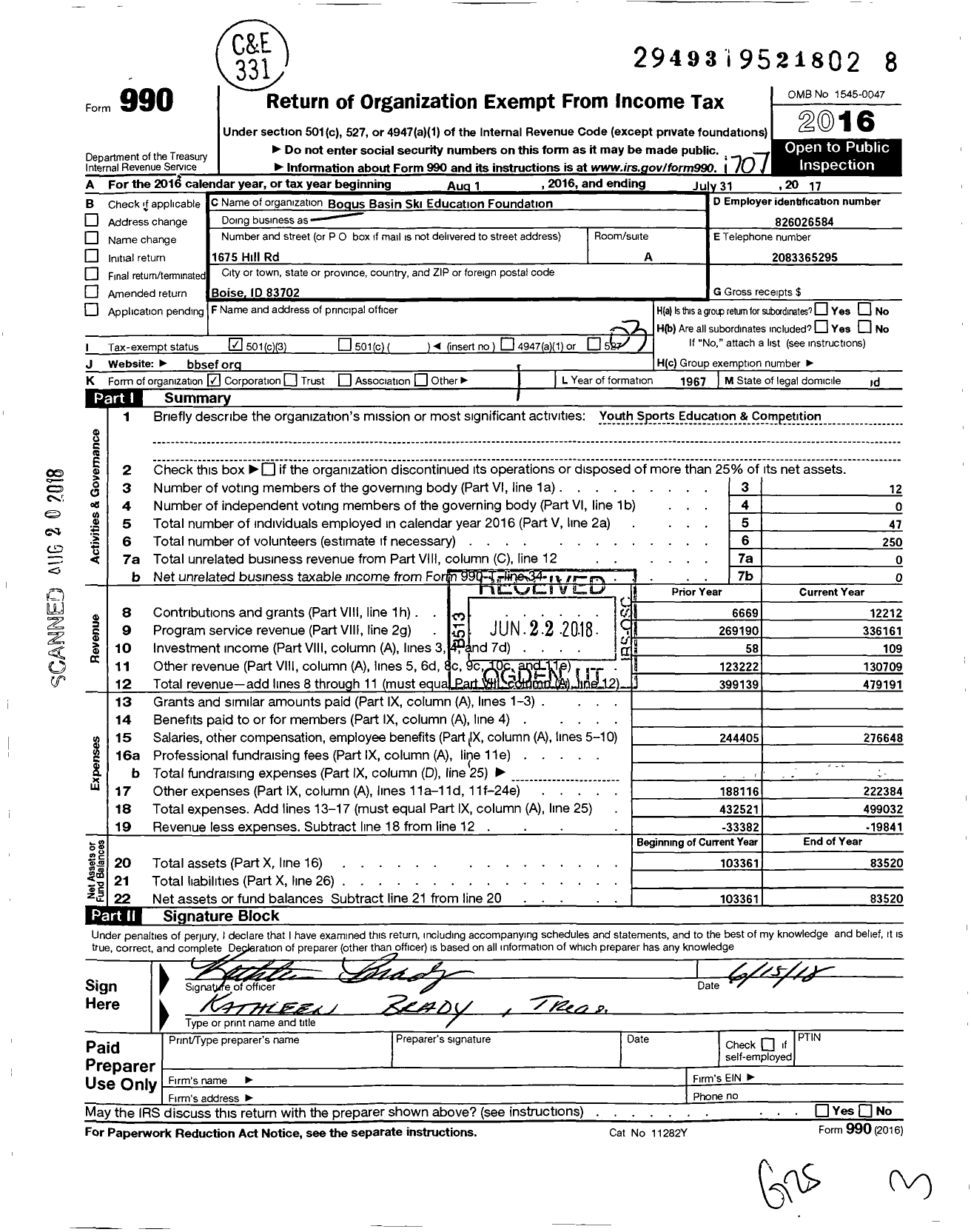 Image of first page of 2016 Form 990 for Bogus Basin Ski Education Foundation