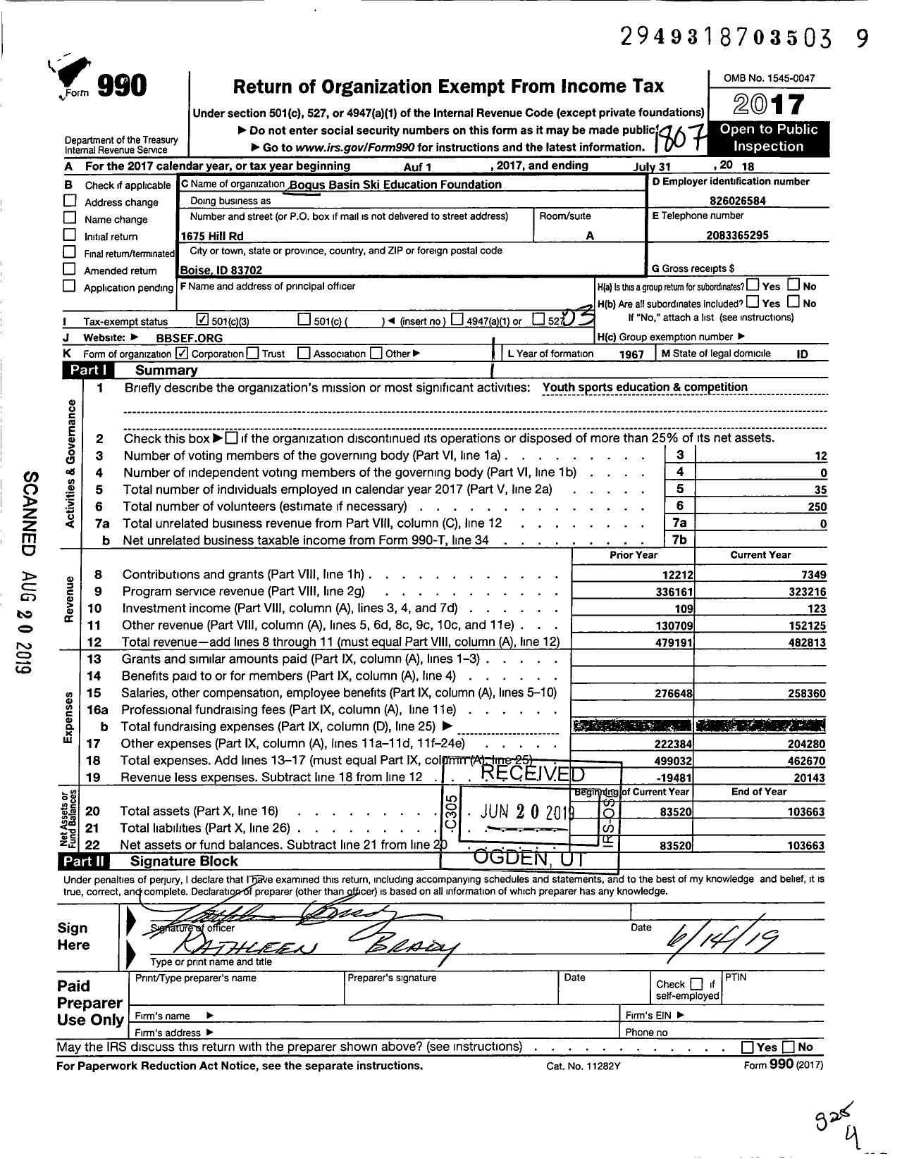 Image of first page of 2017 Form 990 for Bogus Basin Ski Education Foundation