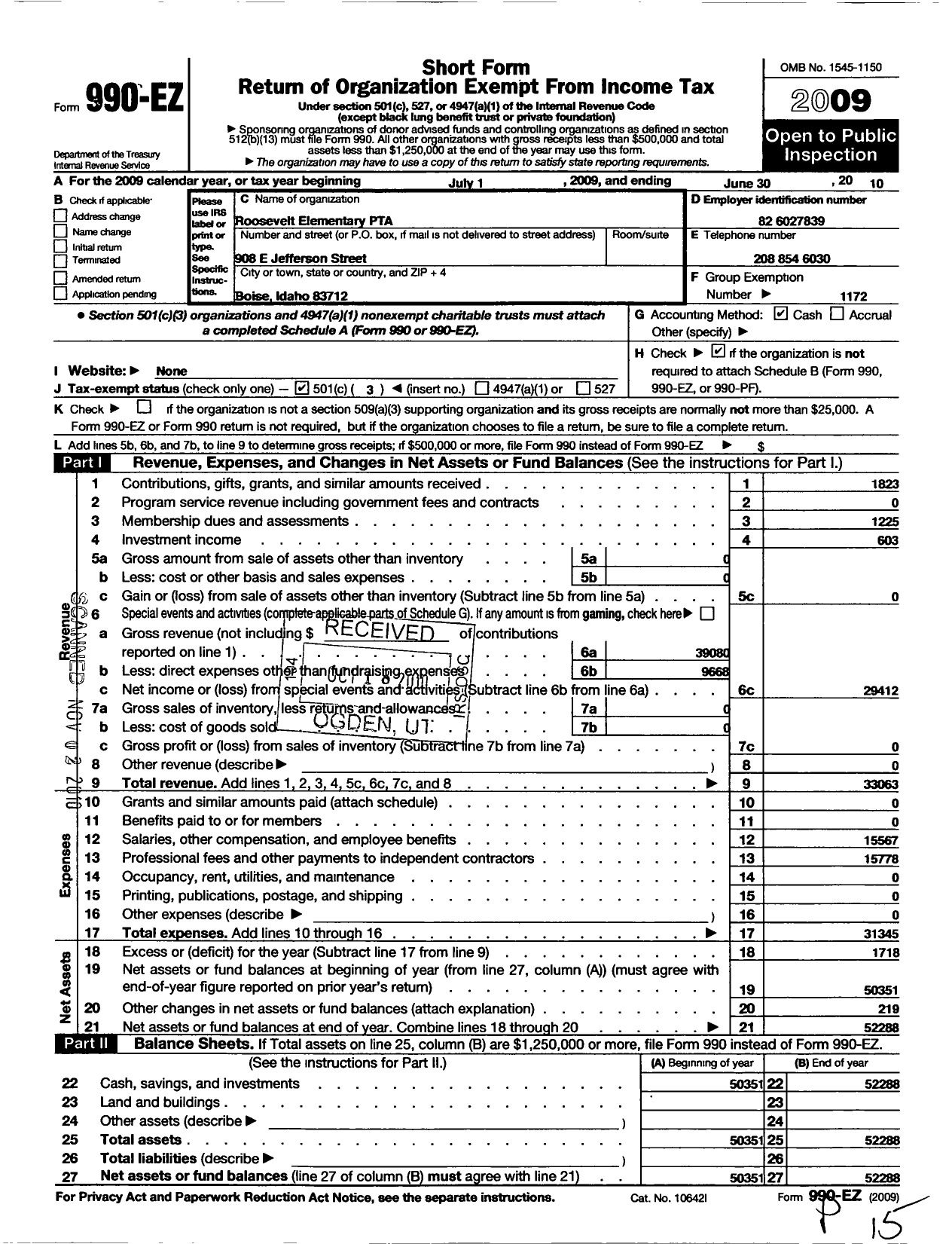 Image of first page of 2009 Form 990EZ for PTA IDAHO CONGRESS Roosevelt PTA