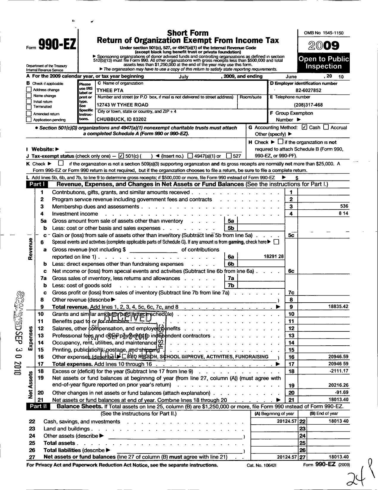 Image of first page of 2009 Form 990EO for PTA Idaho Congress / Tyhee PTA