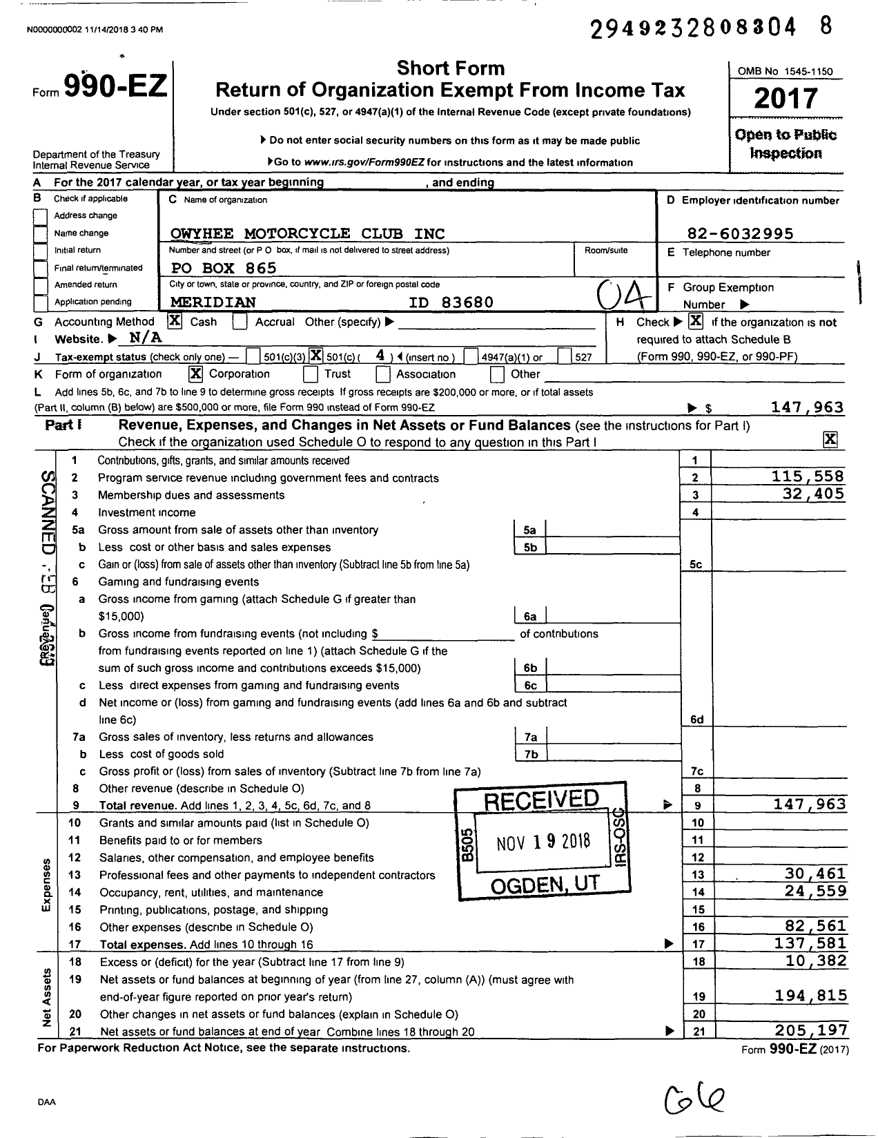 Image of first page of 2017 Form 990EO for Owyhee Motorcycle Club