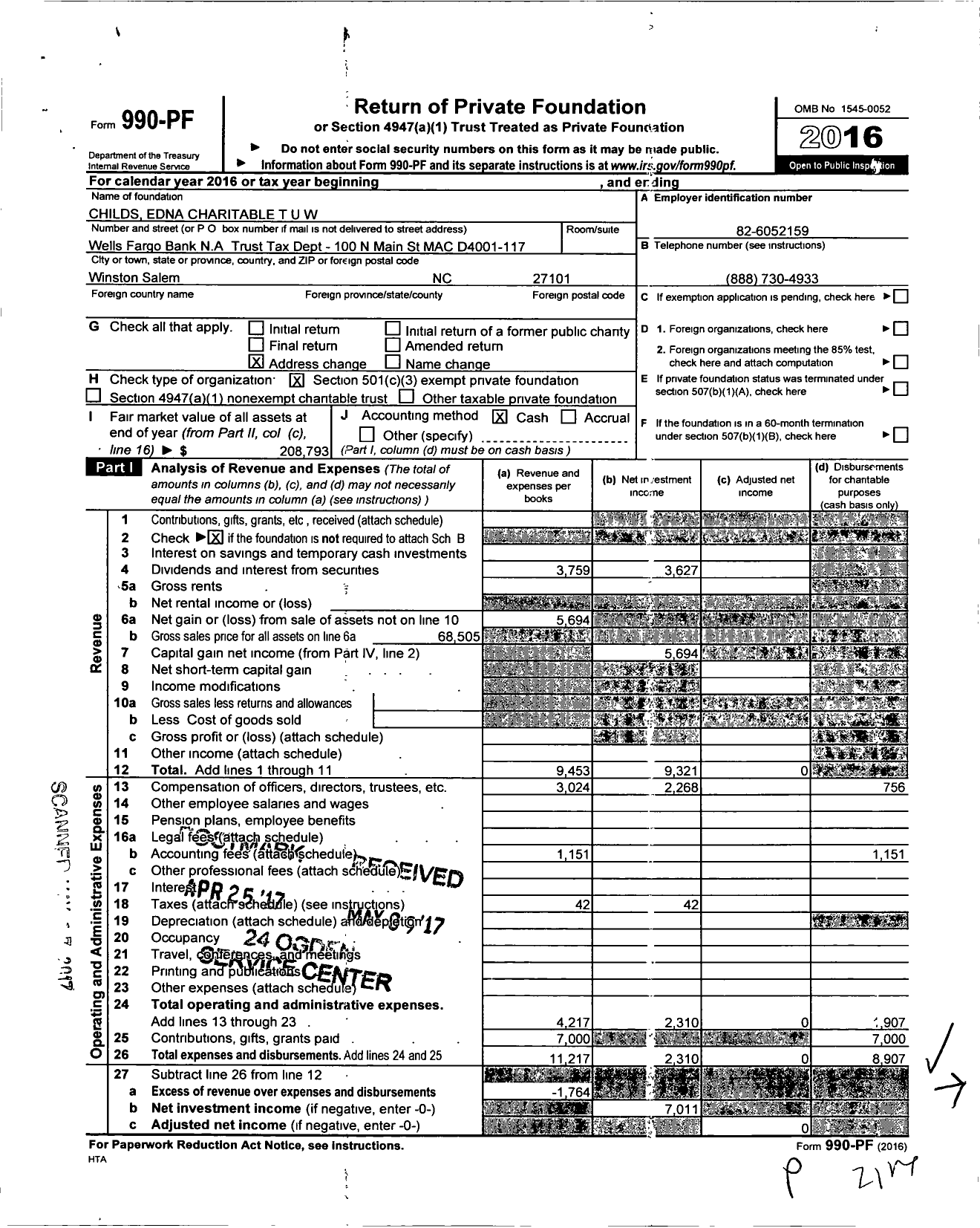 Image of first page of 2016 Form 990PF for Childs Edna Charitable Tuw