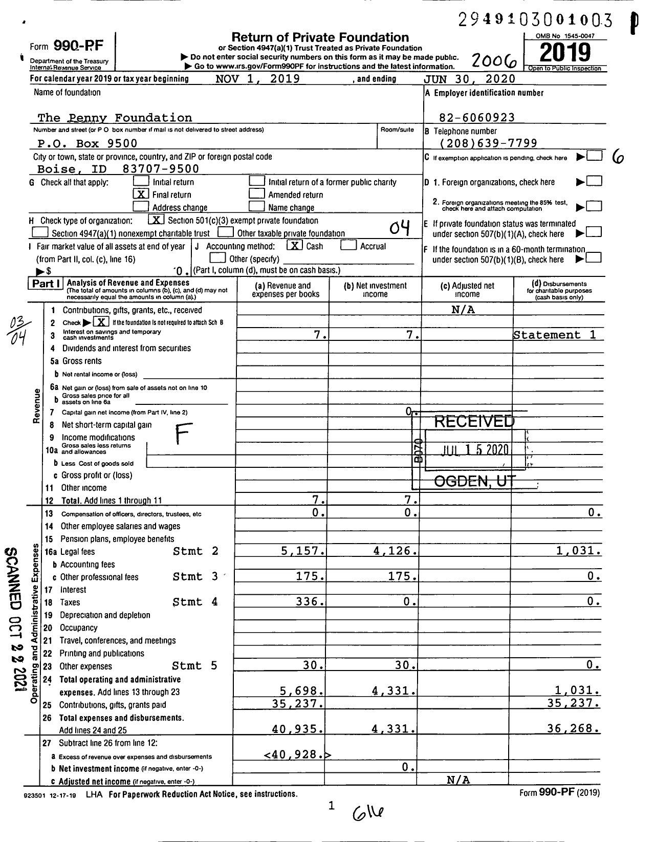 Image of first page of 2019 Form 990PF for Penny Foundation