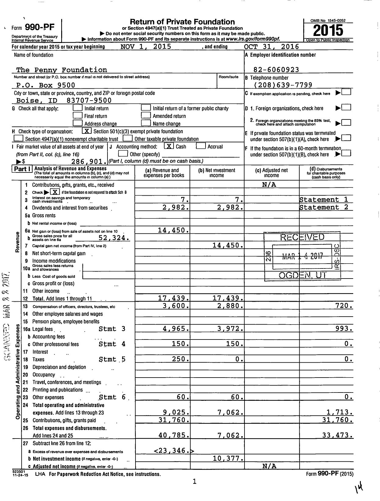 Image of first page of 2015 Form 990PF for Penny Foundation