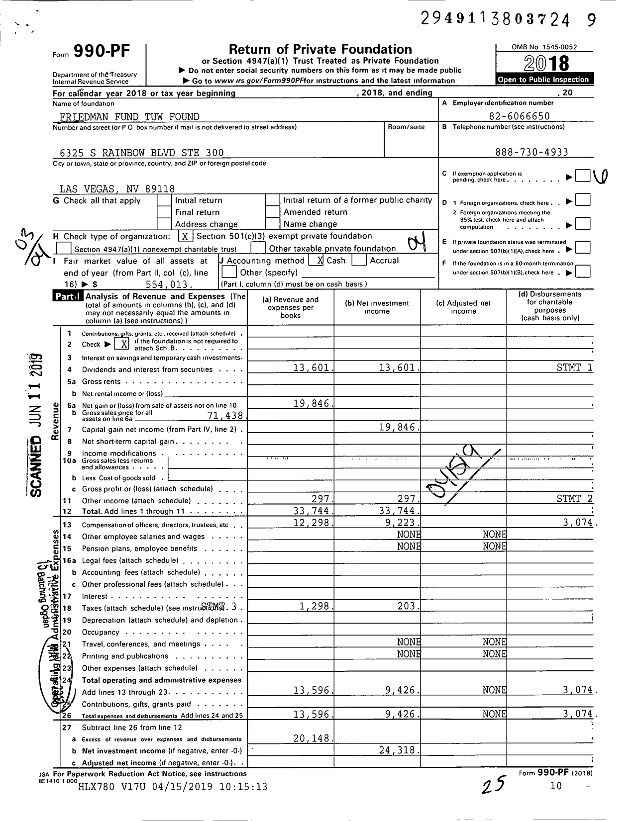 Image of first page of 2018 Form 990PF for Friedman Fund Tuw Found
