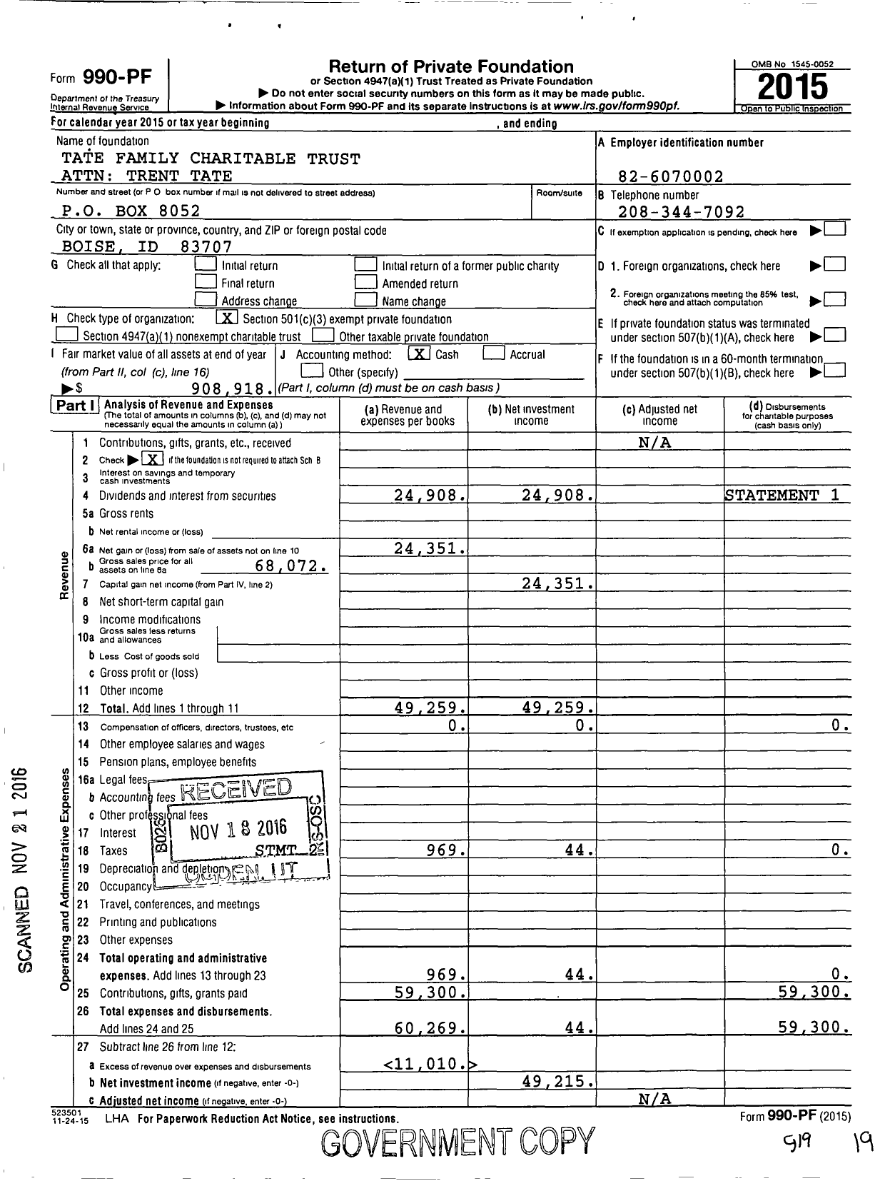 Image of first page of 2015 Form 990PF for Tate Family Charitable Trust Attn Trent Tate