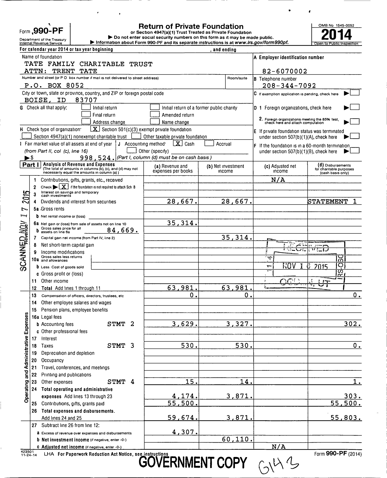 Image of first page of 2014 Form 990PF for The Tate Family Charitable Trust Attn Trent Tate
