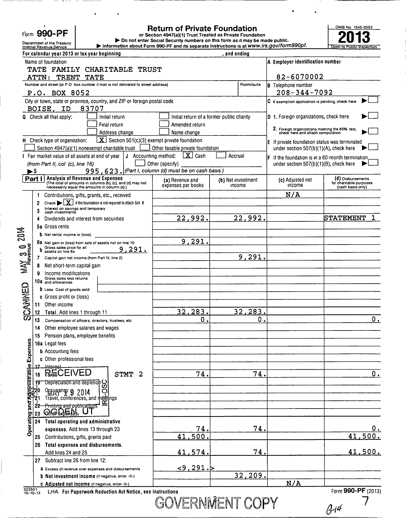Image of first page of 2013 Form 990PF for Tate Family Charitable Trust Attn Trent Tate