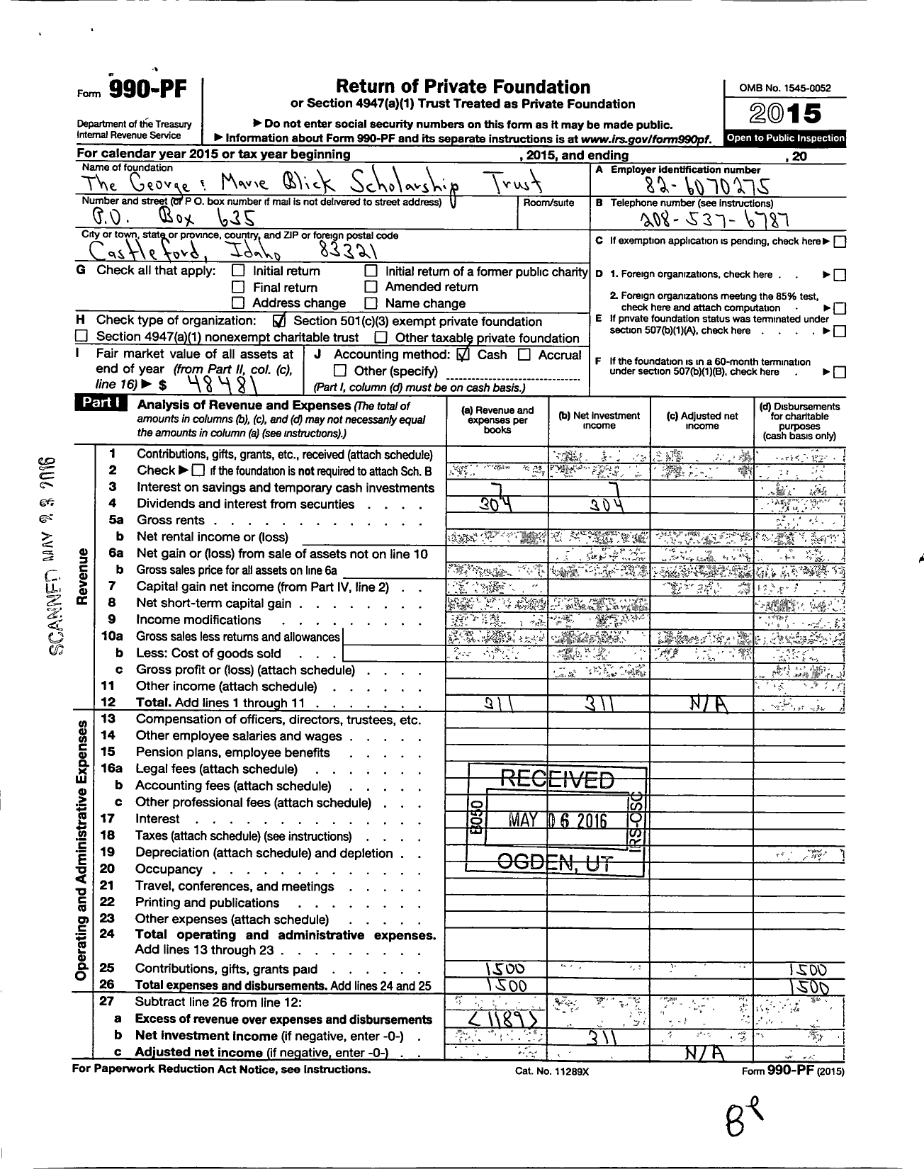 Image of first page of 2015 Form 990PF for The George and Marie Blick Scholarship Trust