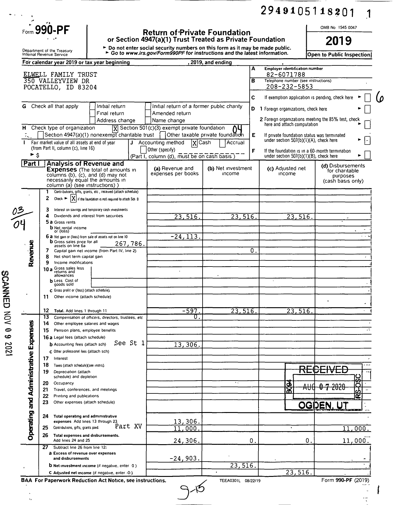 Image of first page of 2019 Form 990PF for Elwell Family Trust