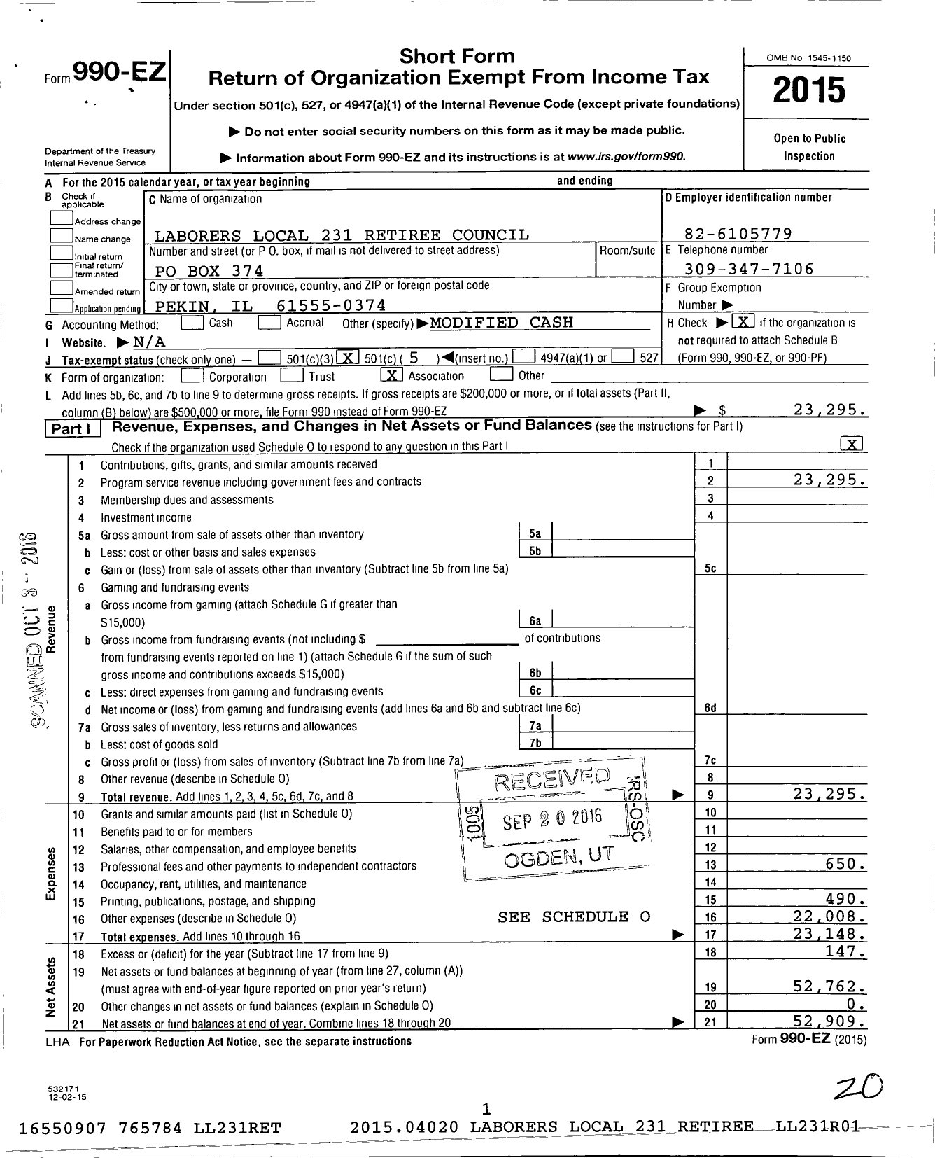 Image of first page of 2015 Form 990EO for Retirees Council 231-r