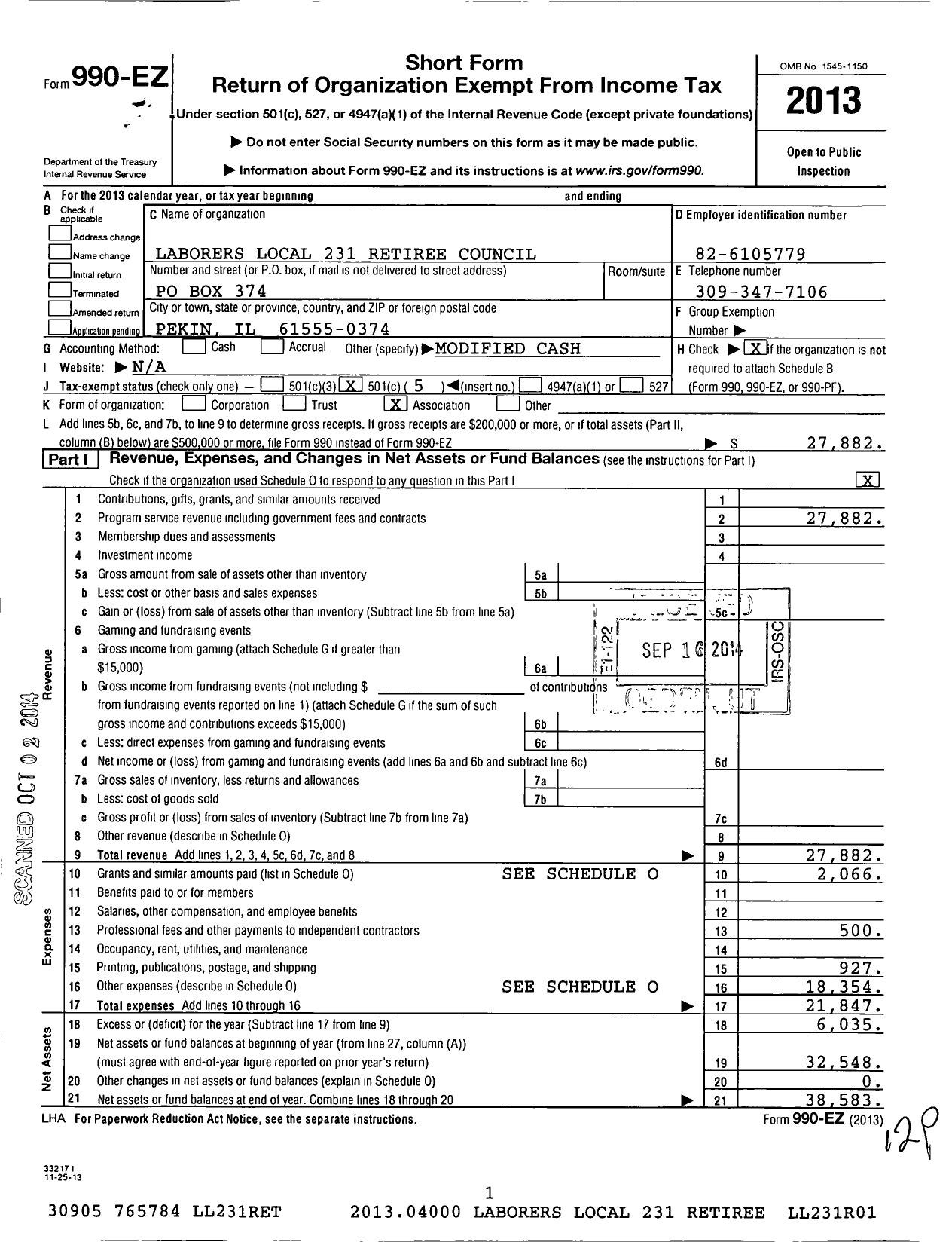 Image of first page of 2013 Form 990EO for Retirees Council 231-r