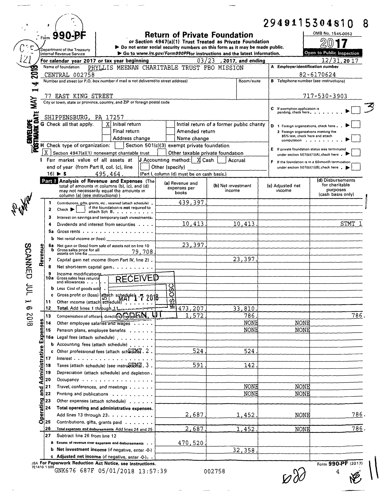 Image of first page of 2017 Form 990PF for Phyllis Meenan Charitable Trust Fbo Mission