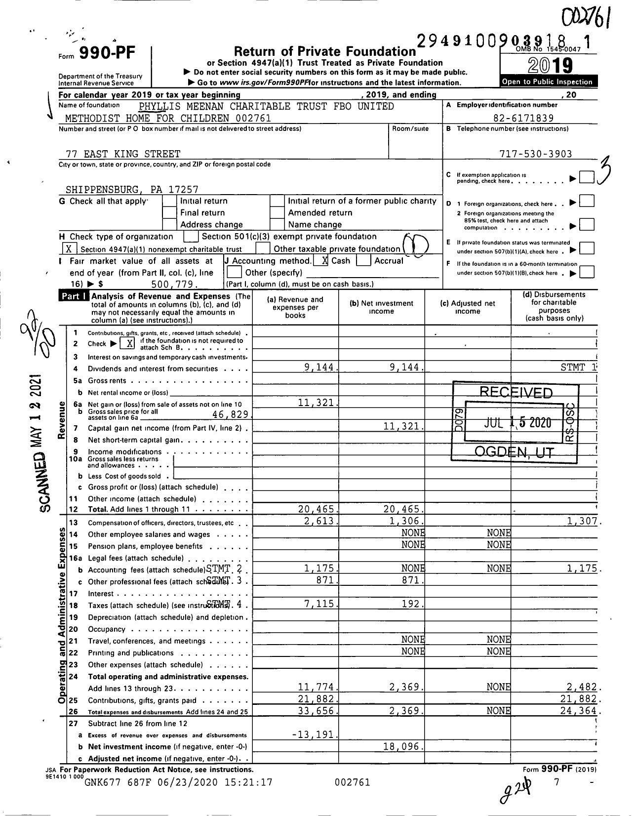 Image of first page of 2019 Form 990PF for Phyllis Meenan Charitable Trust Fbo United