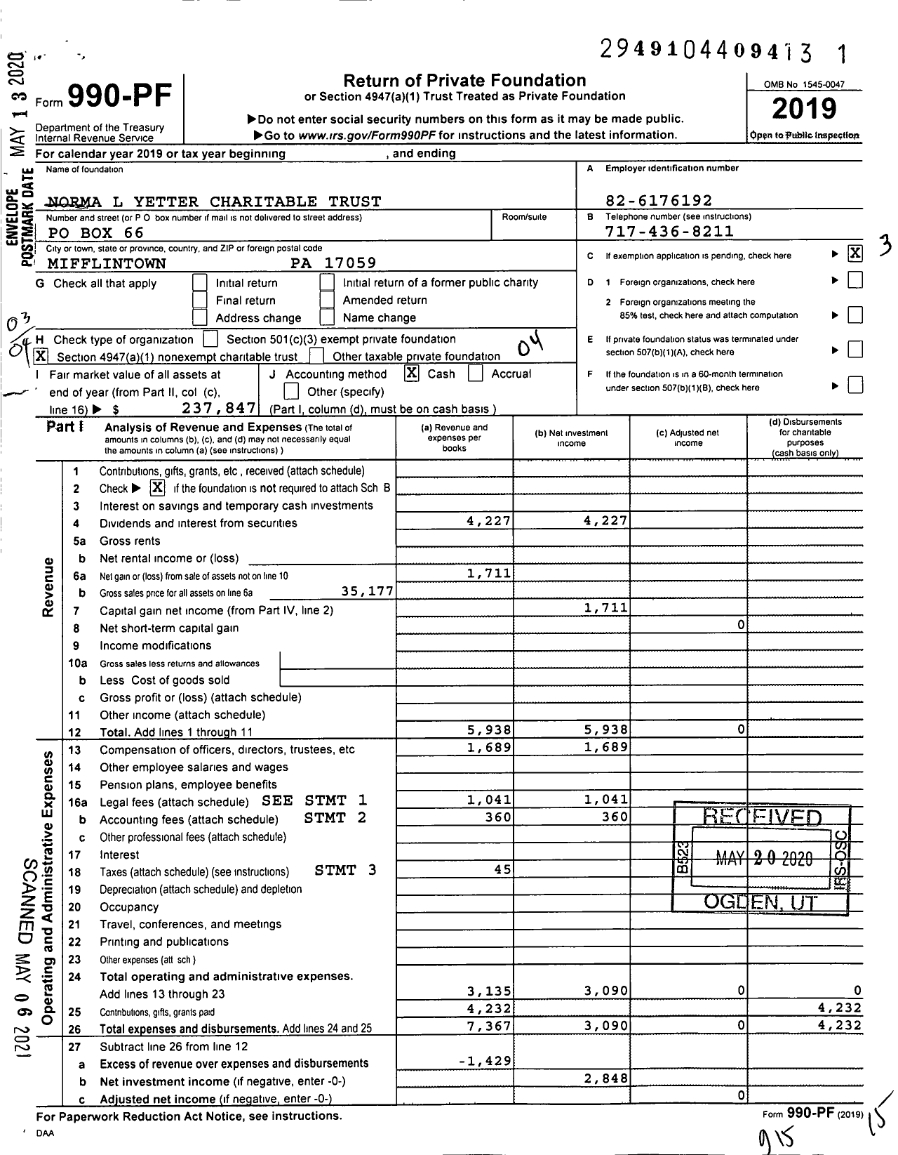 Image of first page of 2019 Form 990PF for Norma L Yetter Charitable Trust