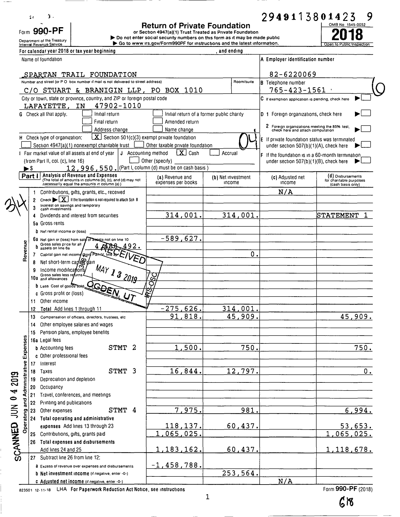 Image of first page of 2018 Form 990PF for Spartan Trail Foundation