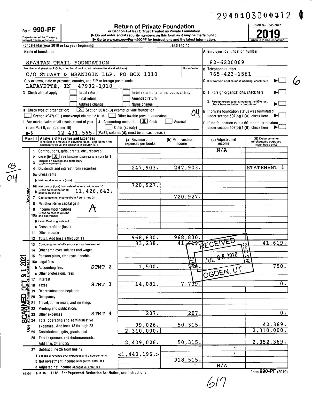 Image of first page of 2019 Form 990PF for Spartan Trail Foundation
