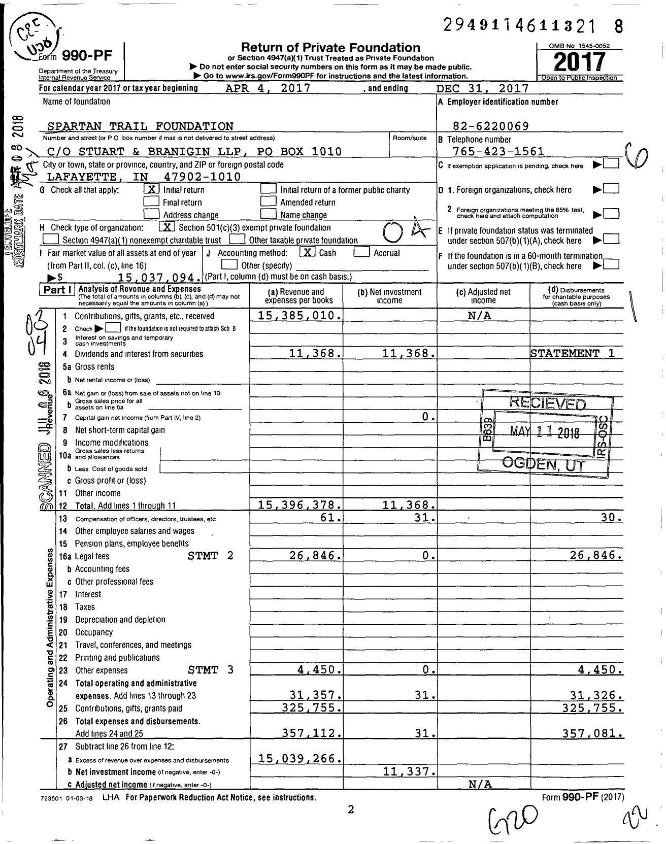 Image of first page of 2017 Form 990PF for Spartan Trail Foundation