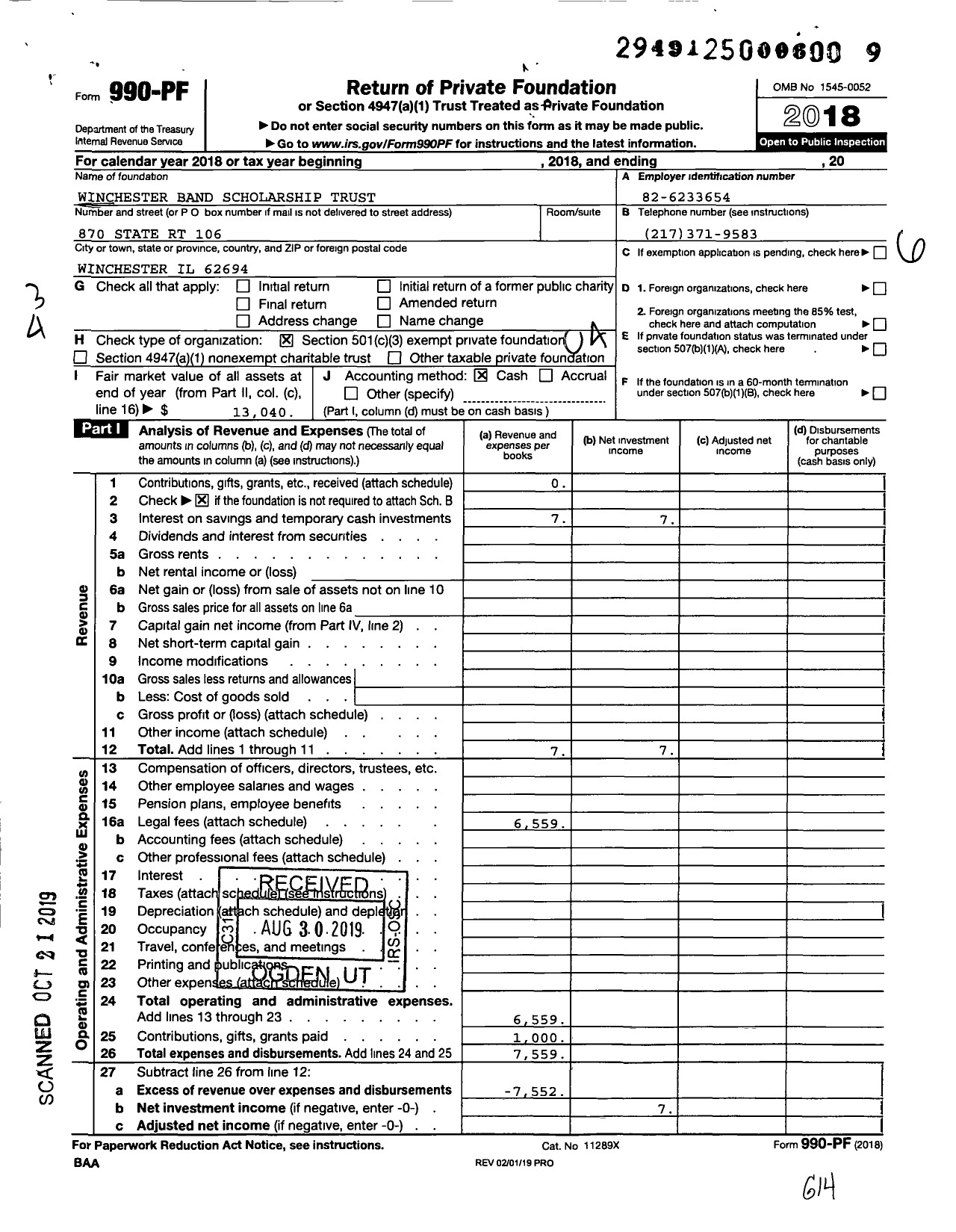 Image of first page of 2018 Form 990PF for Winchester Band Scholarship Trust