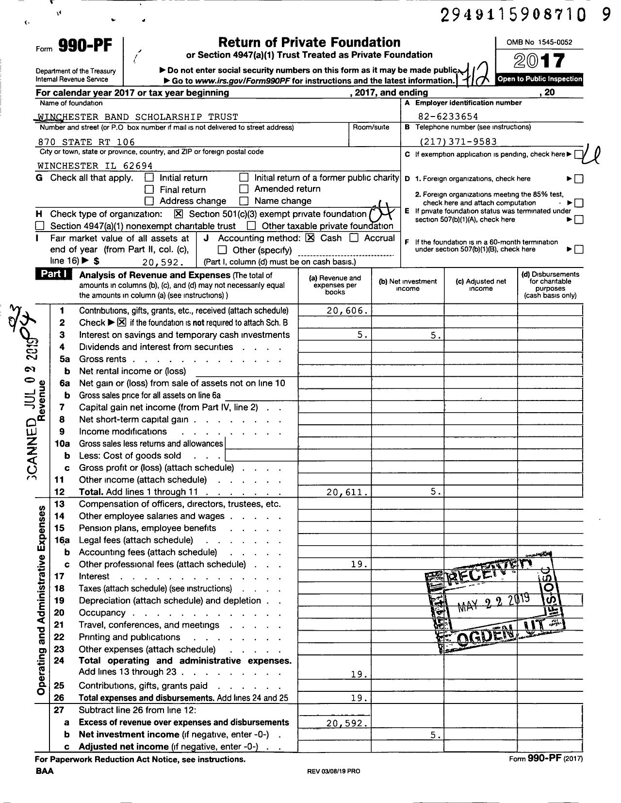 Image of first page of 2017 Form 990PF for Winchester Band Scholarship Trust