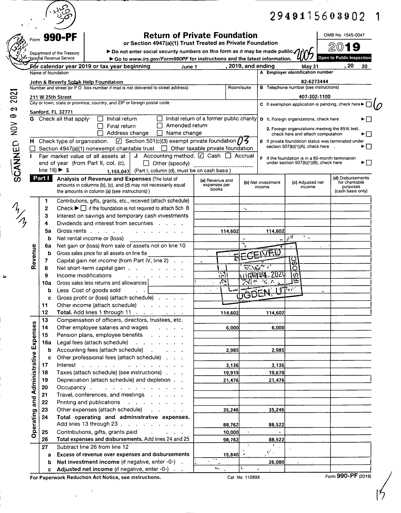 Image of first page of 2019 Form 990PF for John and Beverly Sobik Help Foundation