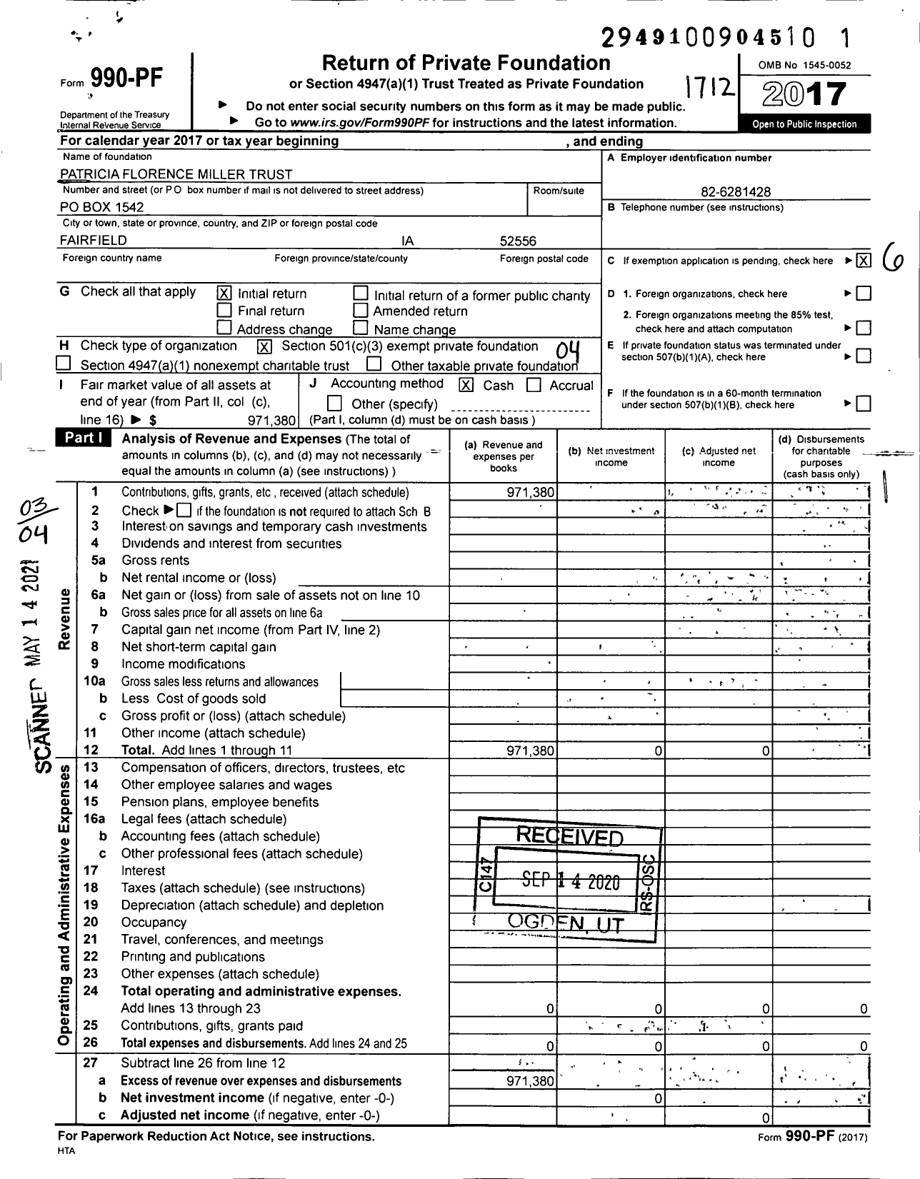 Image of first page of 2017 Form 990PF for The Patricia Florence Miller Trust