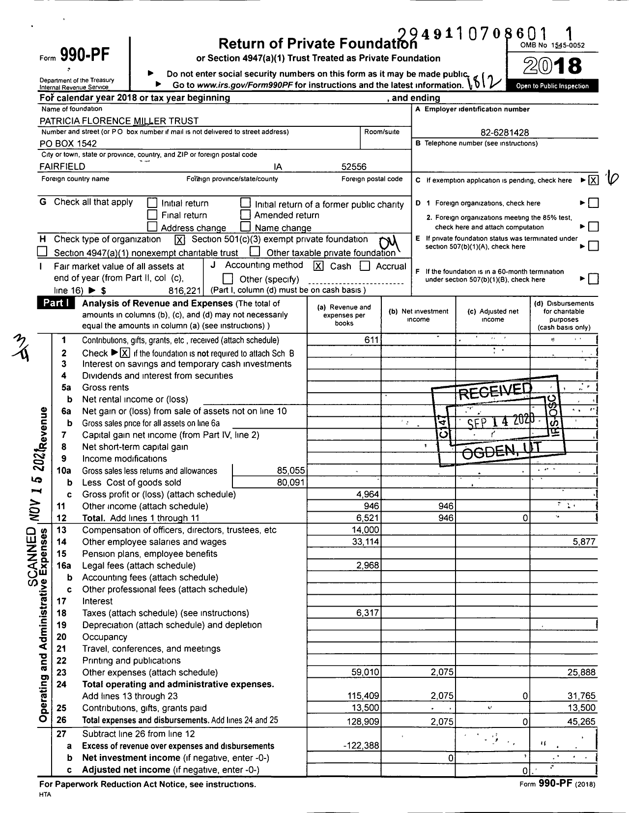 Image of first page of 2018 Form 990PF for The Patricia Florence Miller Trust