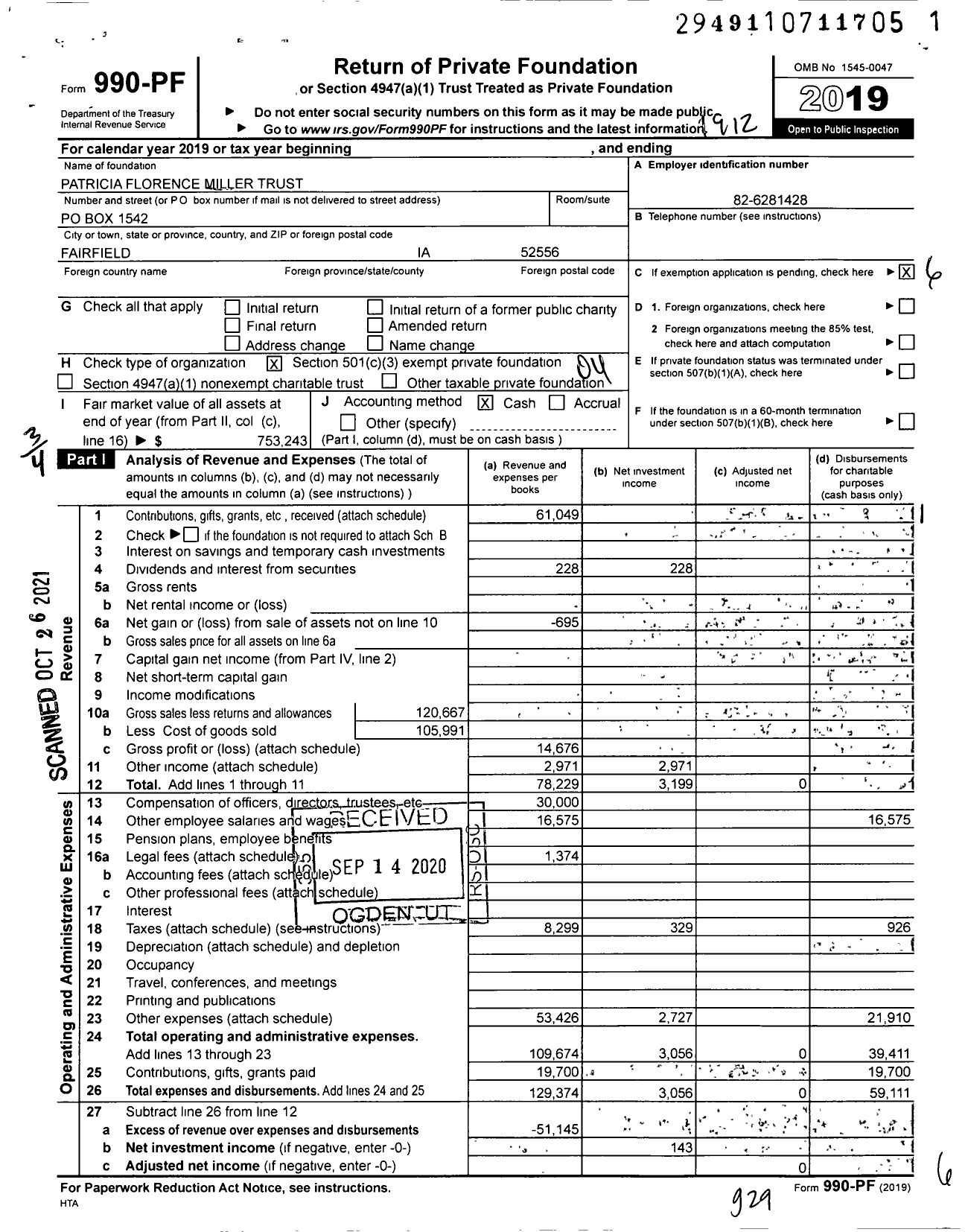 Image of first page of 2019 Form 990PF for The Patricia Florence Miller Trust