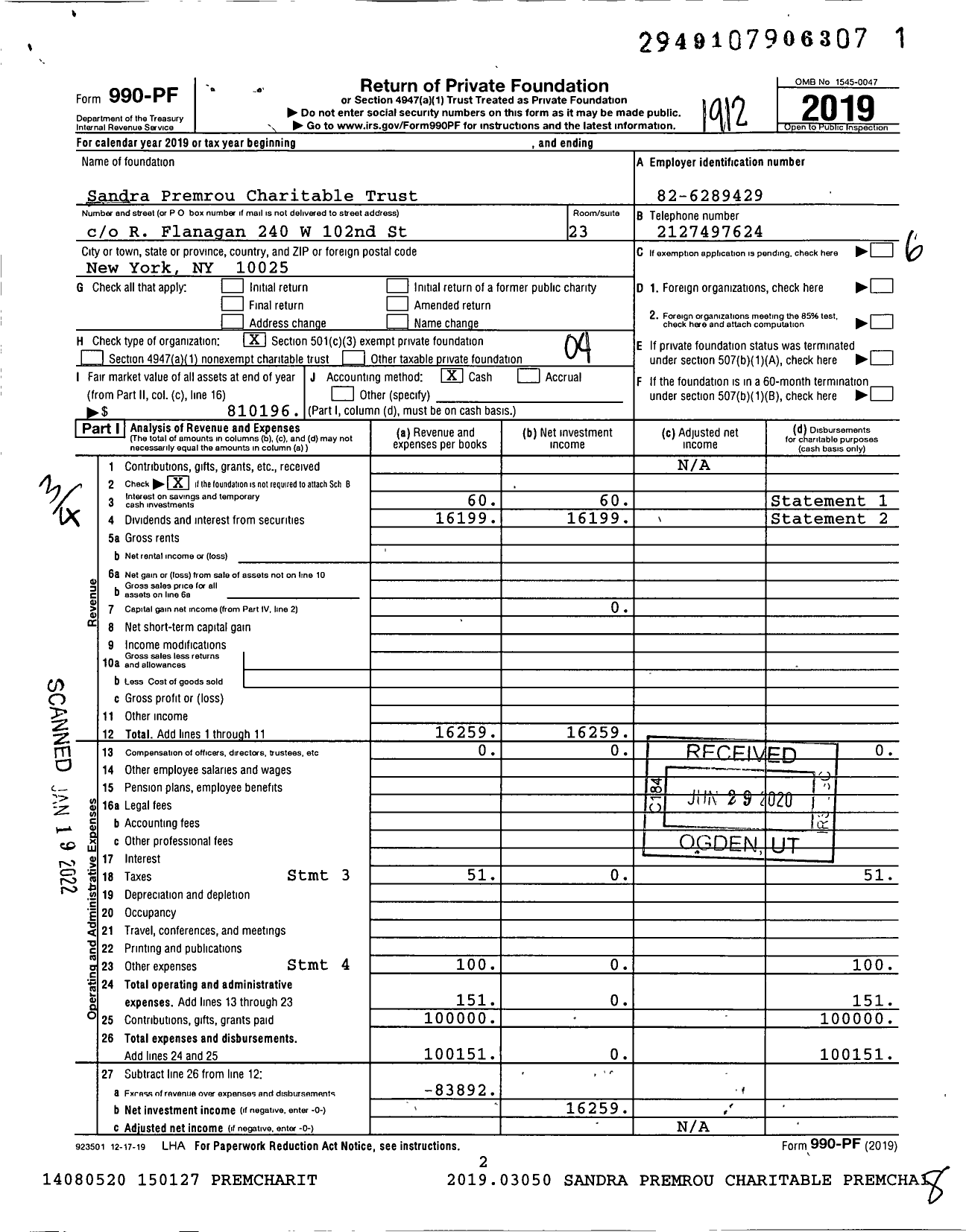 Image of first page of 2019 Form 990PF for Sandra Premrou Charitable Trust