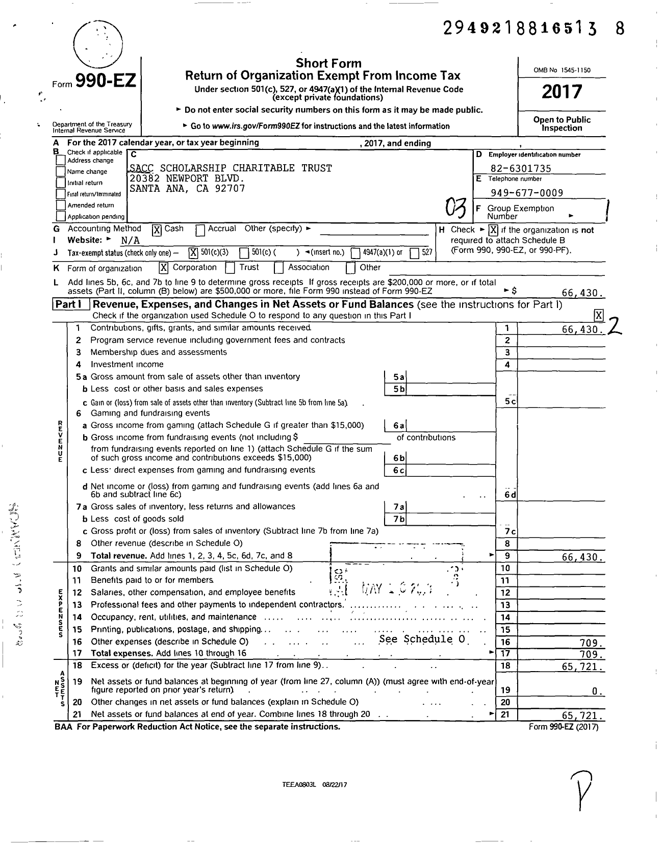 Image of first page of 2017 Form 990EZ for Sacc Scholarship Charitable Trust