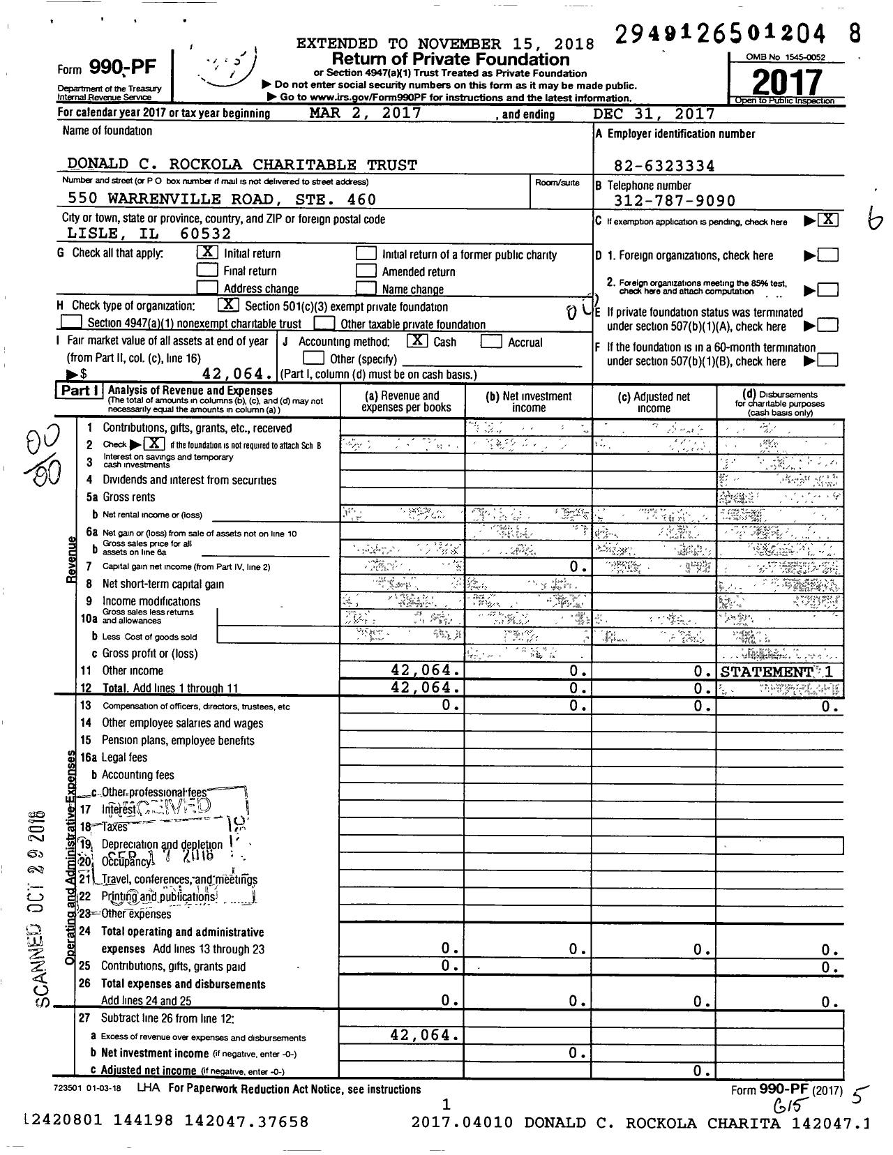 Image of first page of 2017 Form 990PF for Donald C Rockola Charitable Trust