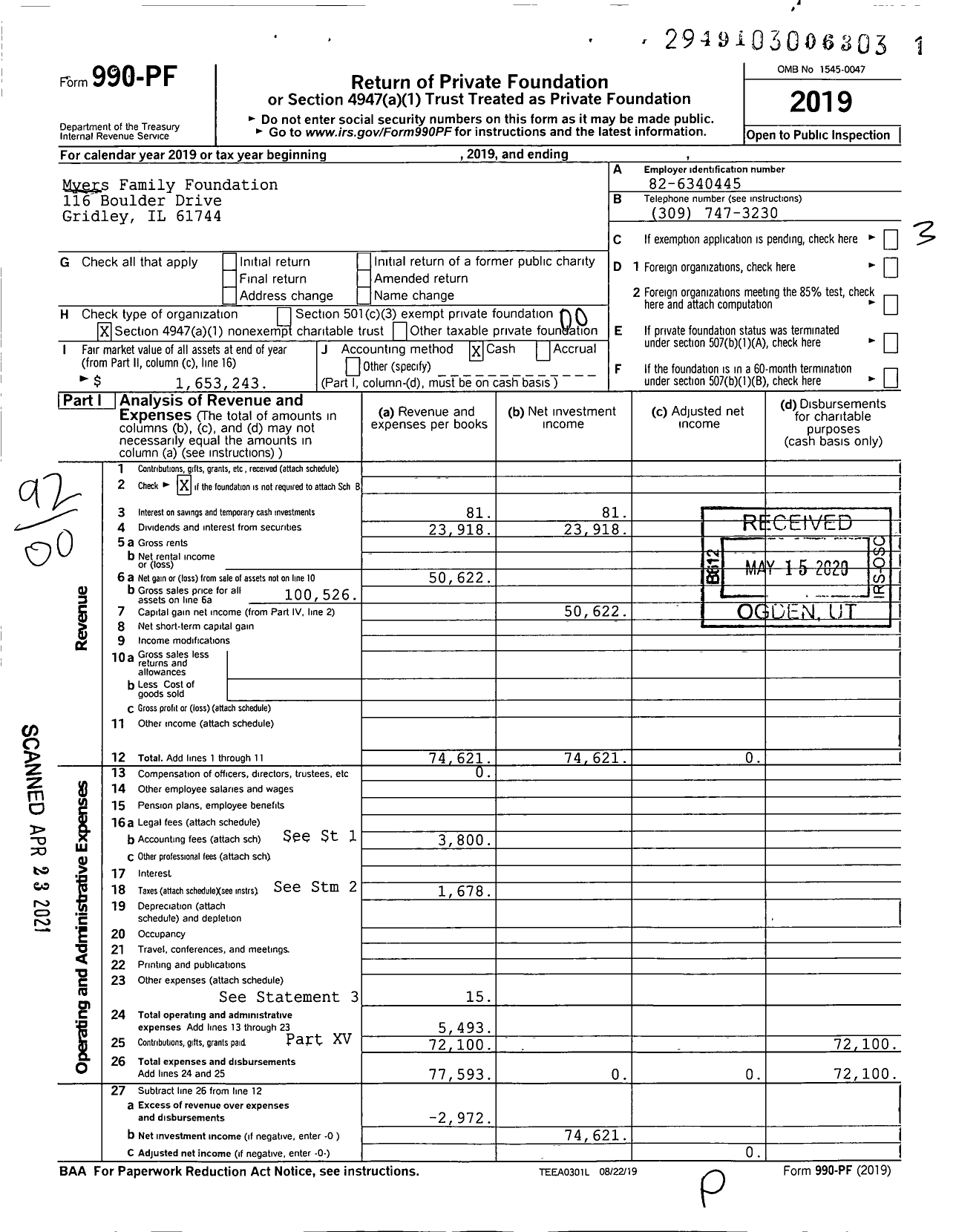 Image of first page of 2019 Form 990PF for Myers Family Foundation / Beverly A Nelson Ttee