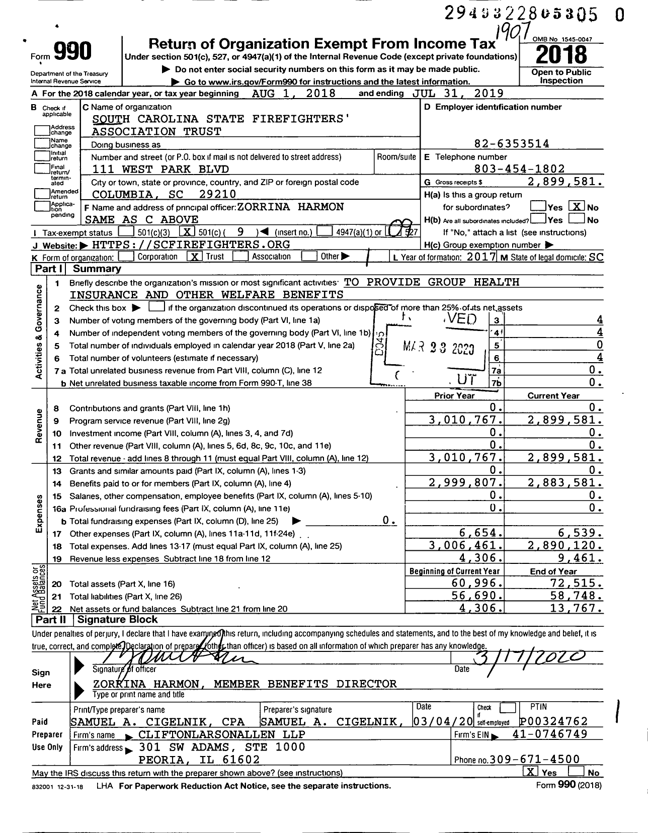 Image of first page of 2018 Form 990O for SC State Firefighters Association Trust