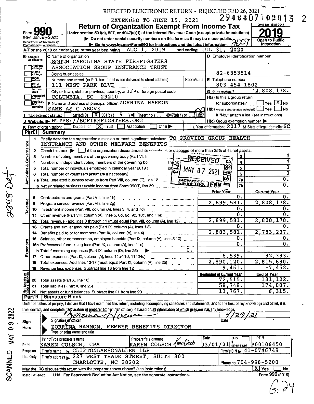 Image of first page of 2019 Form 990O for SC State Firefighters Association Trust