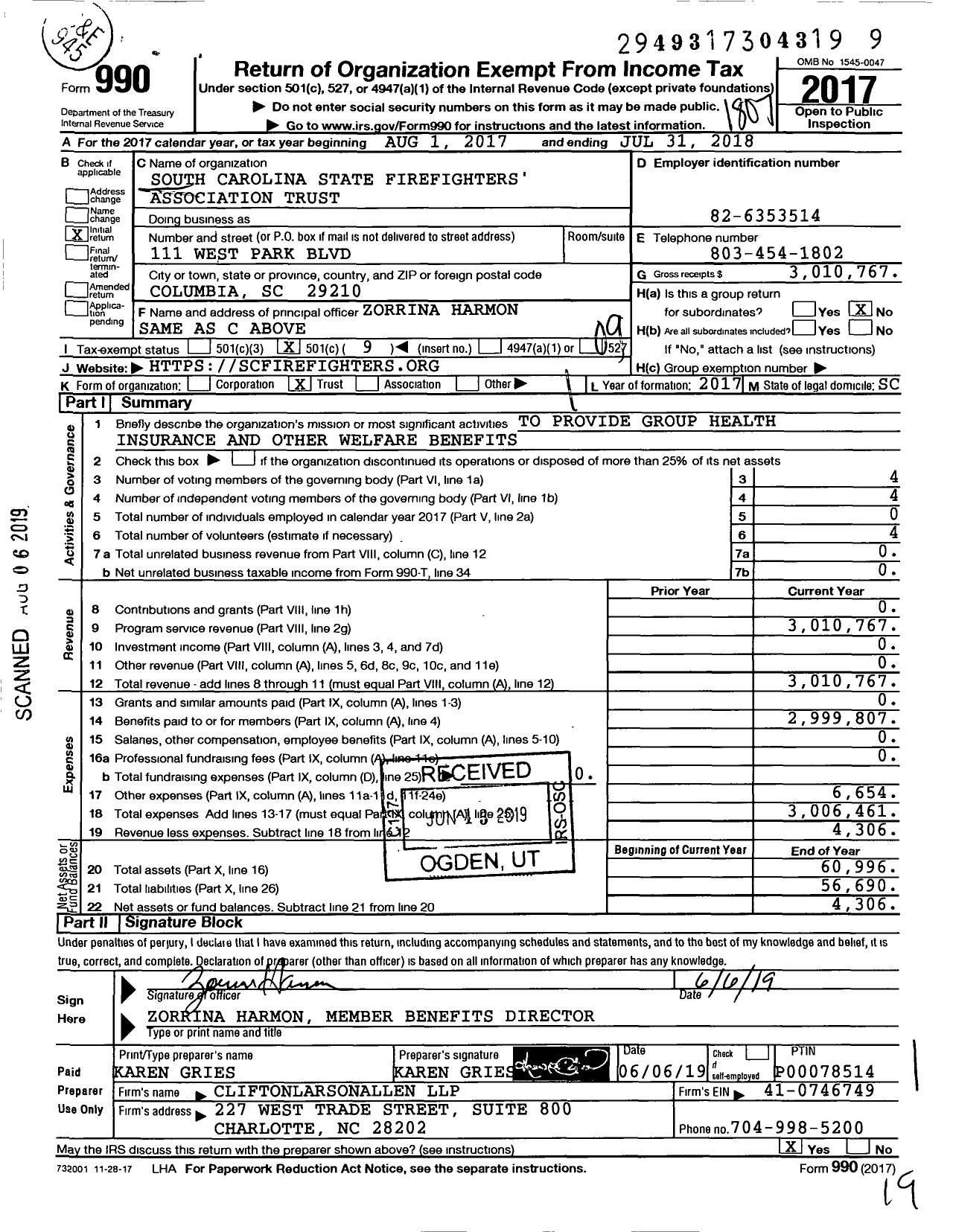 Image of first page of 2017 Form 990O for SC State Firefighters Association Trust