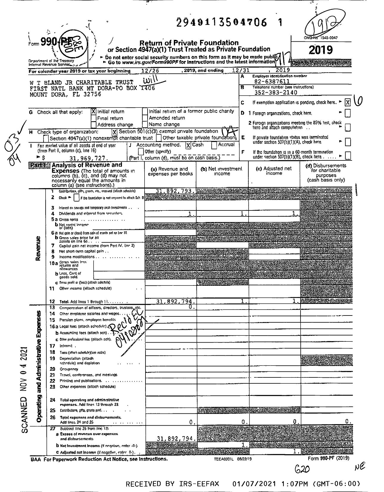 Image of first page of 2019 Form 990PF for W T Bland JR Charitable Tua