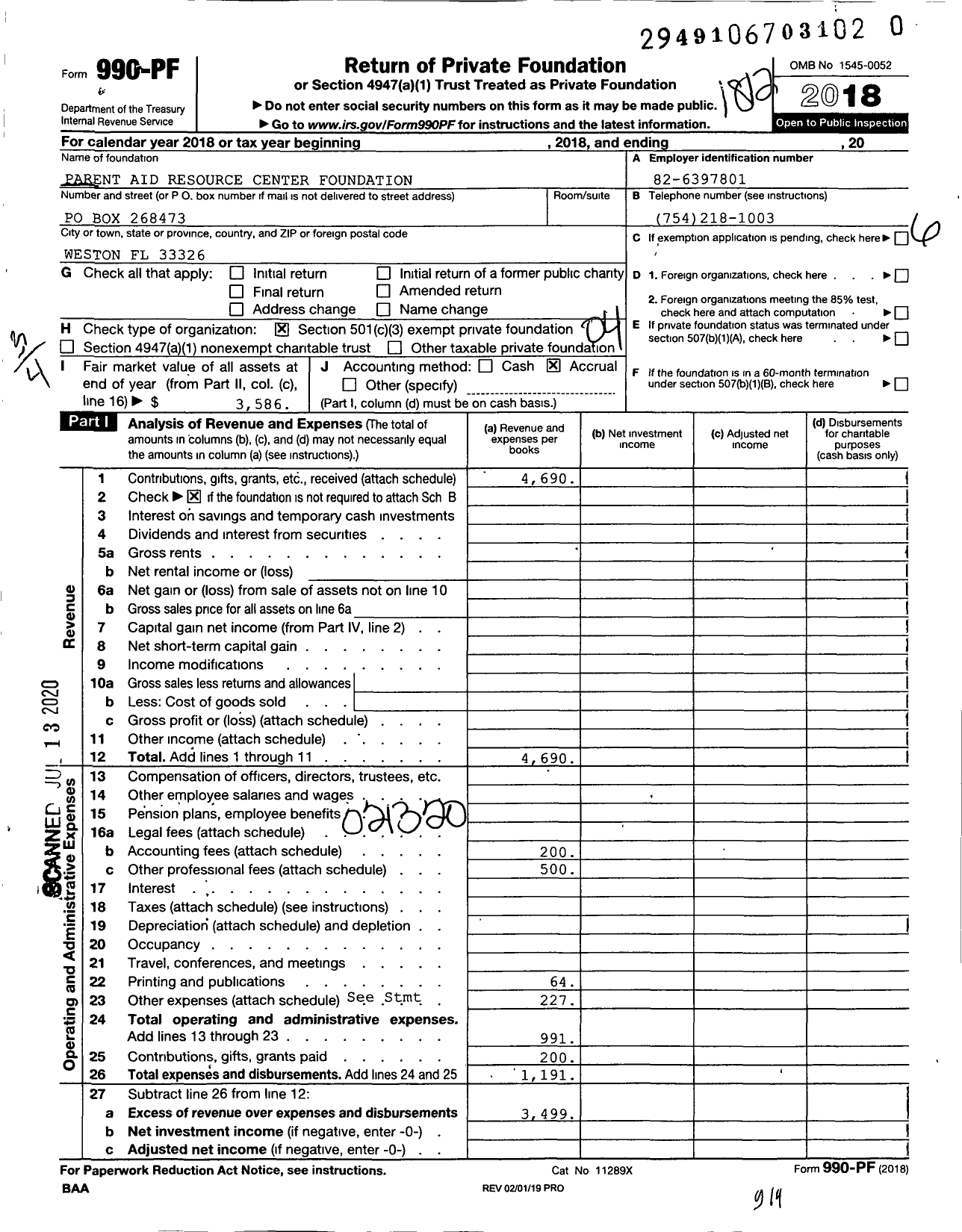 Image of first page of 2018 Form 990PR for Parent Aid Resource Center Foundation