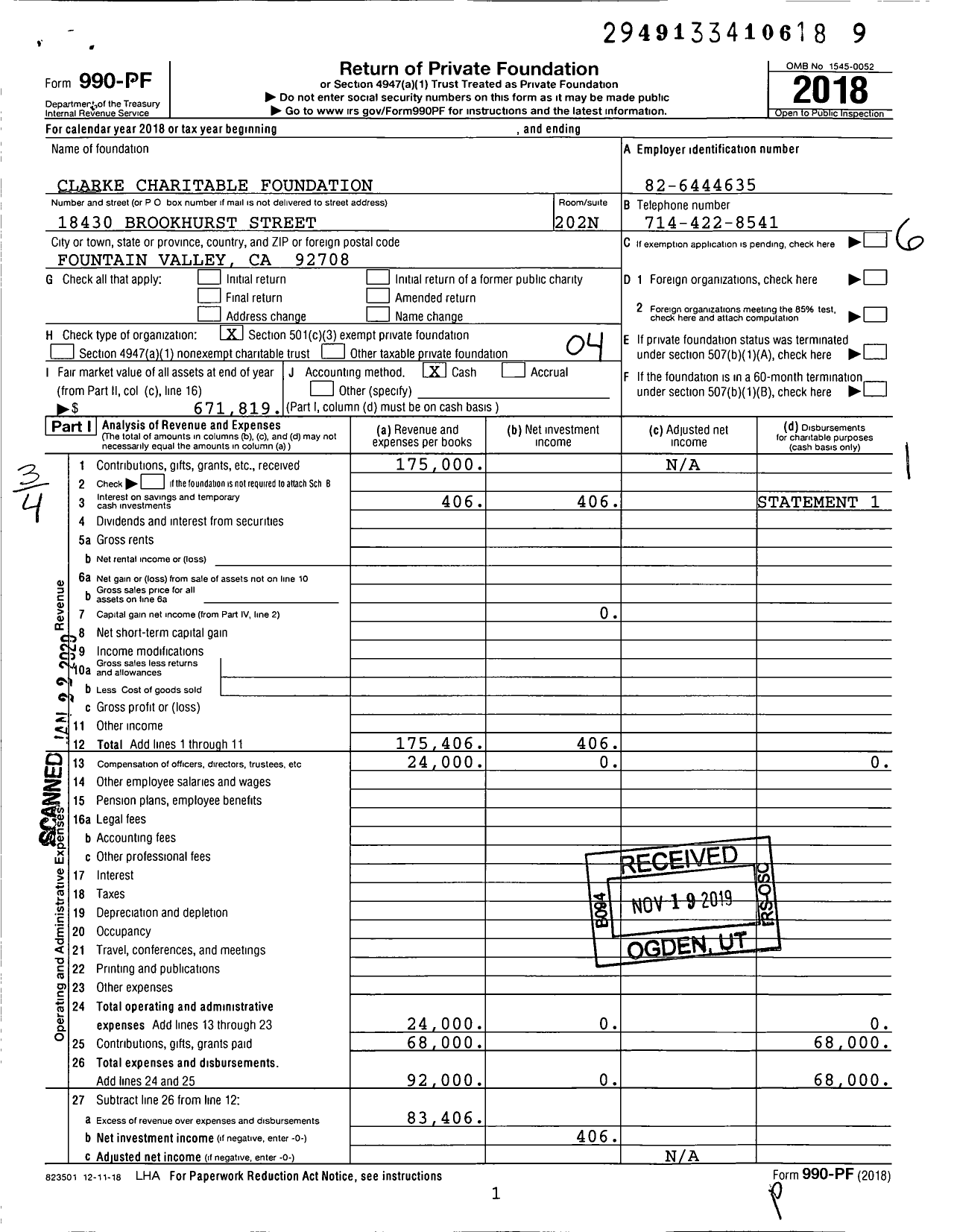 Image of first page of 2018 Form 990PF for Clarke Charitable Foundation / Kevin E Monson Ttee