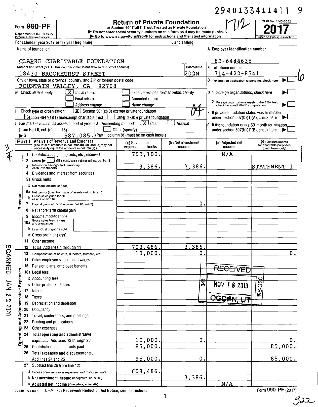 Image of first page of 2017 Form 990PF for Clarke Charitable Foundation / Kevin E Monson Ttee