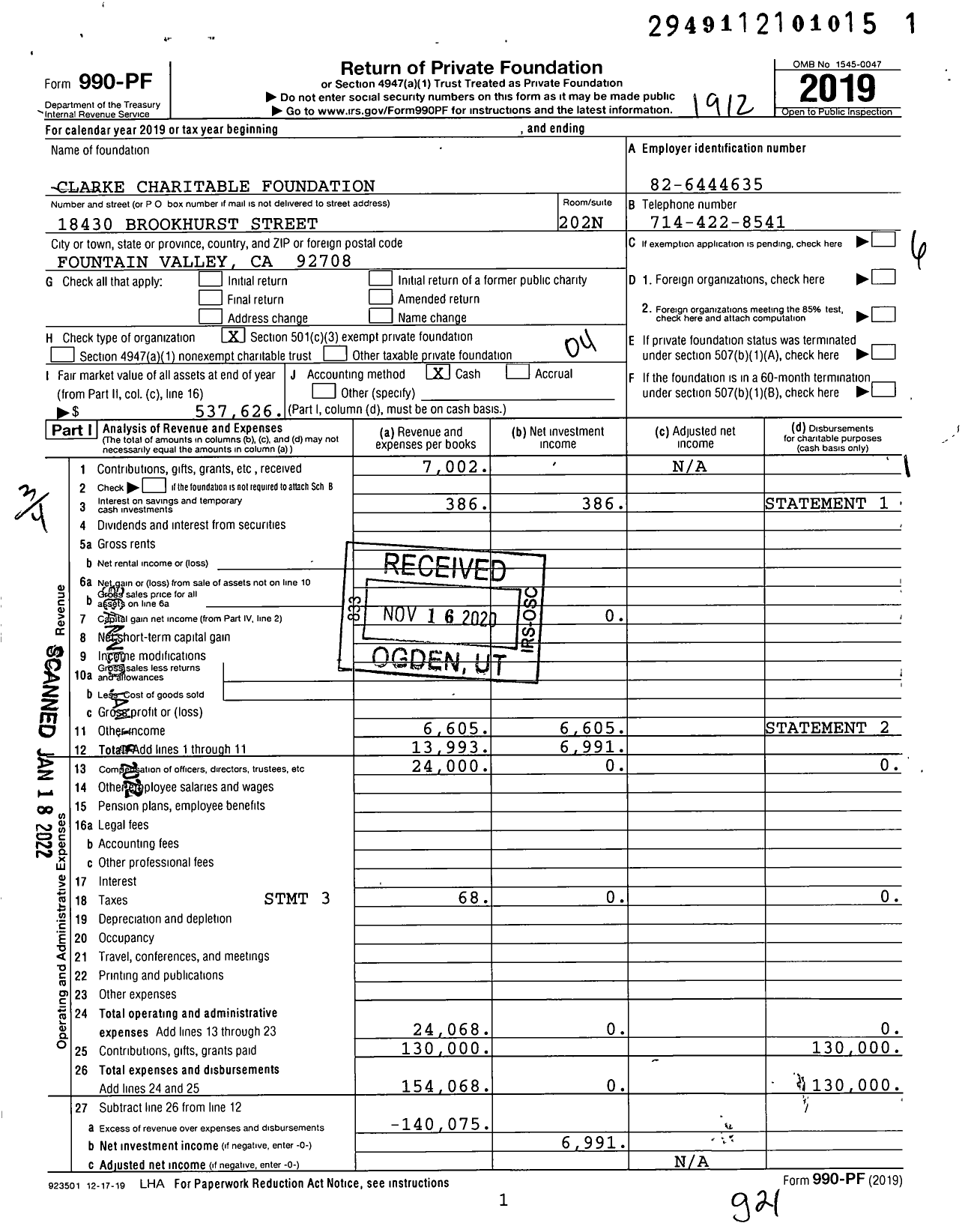 Image of first page of 2019 Form 990PF for Clarke Charitable Foundation / Kevin E Monson Ttee