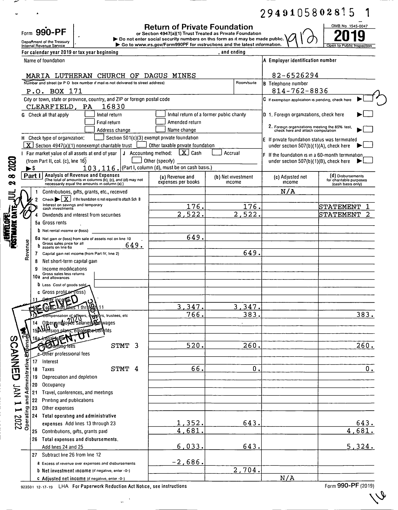 Image of first page of 2019 Form 990PF for Maria Lutheran Church of Dagus Mines