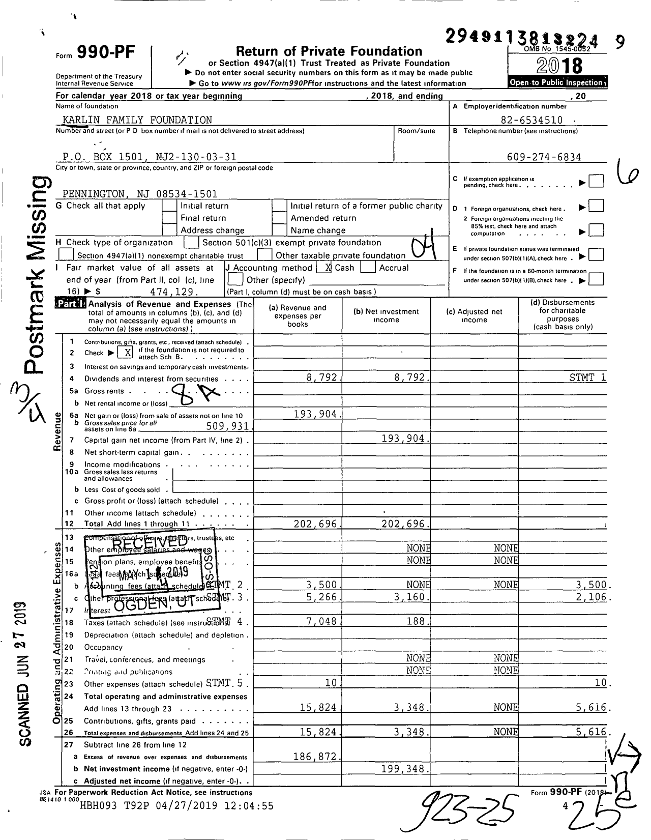 Image of first page of 2018 Form 990PF for Karlin Family Foundation