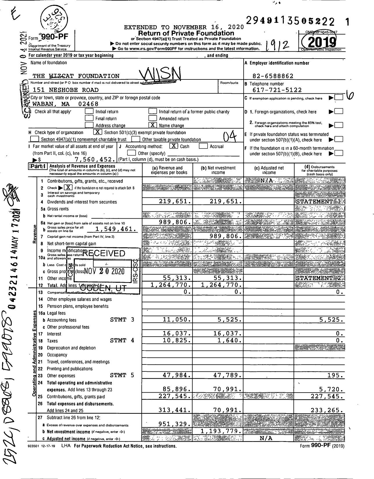 Image of first page of 2019 Form 990PF for The Wizcat Foundation