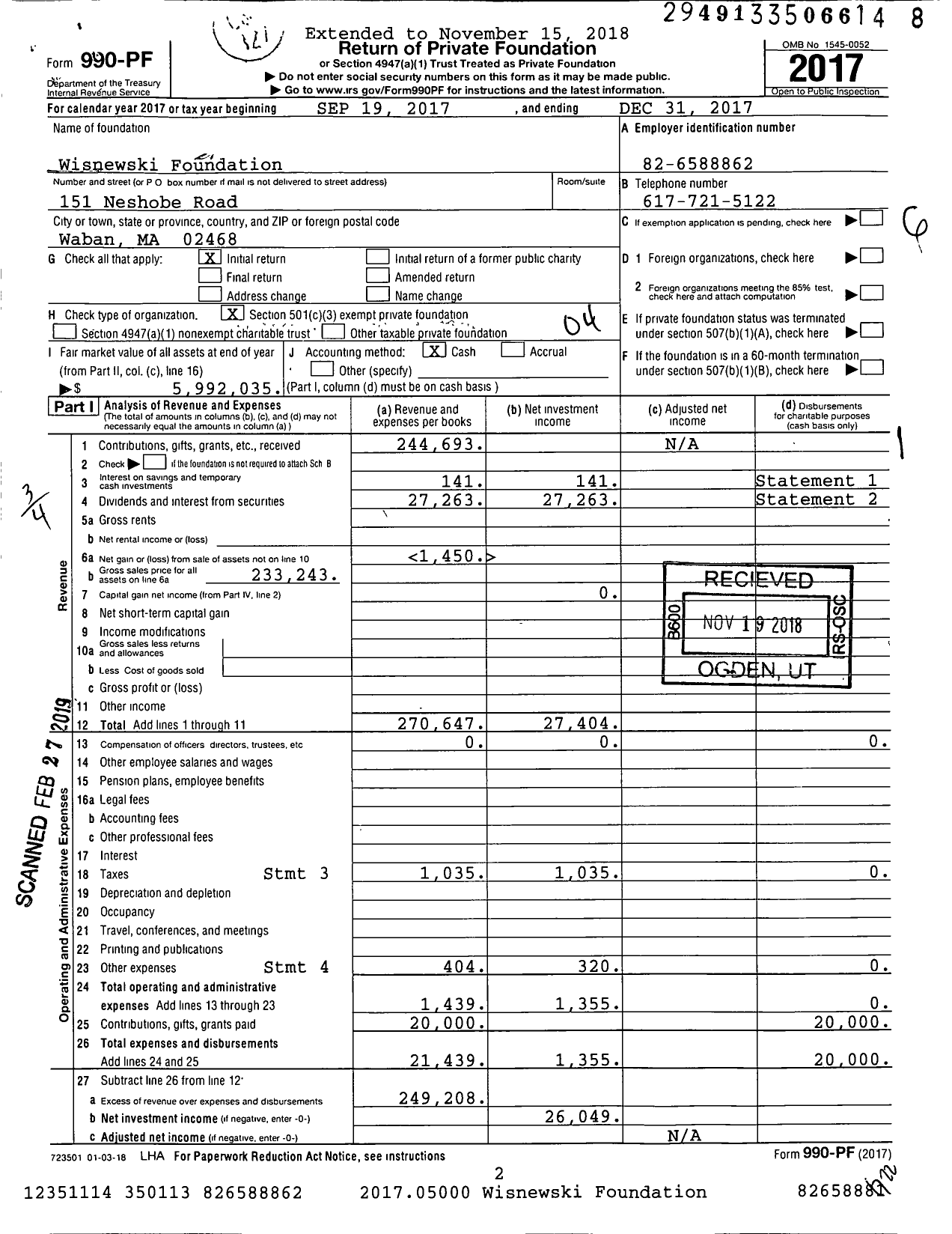 Image of first page of 2017 Form 990PF for The Wizcat Foundation